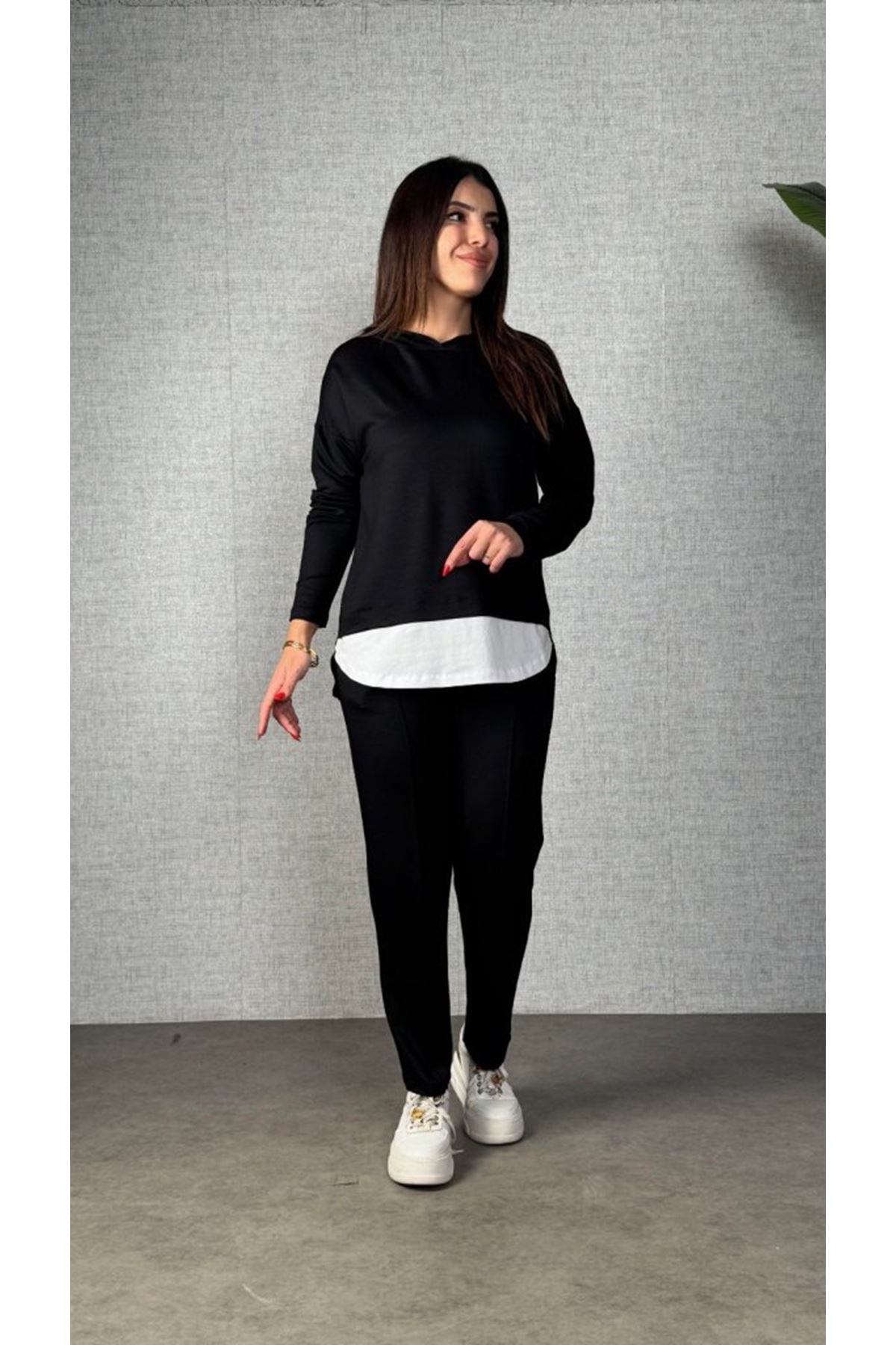 Kadın Uzun Kollu Kapşonlu Bağcıklı Viskon Iki Iplik Bluz Ve Pantolon Ikili Takım