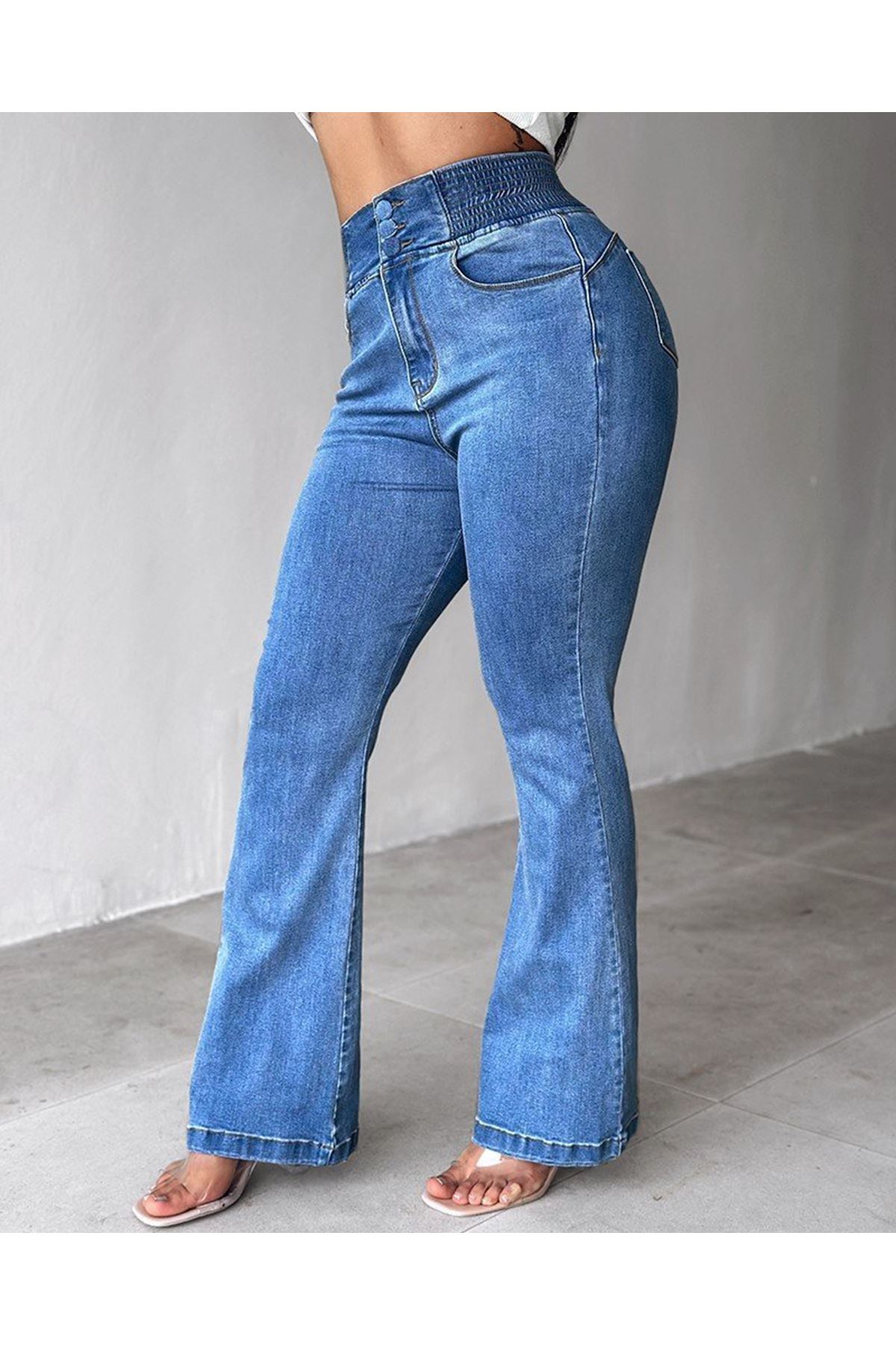 Kadın Yüksek Bel Yanları Lastik önü Düğmeli Kot Pantolon