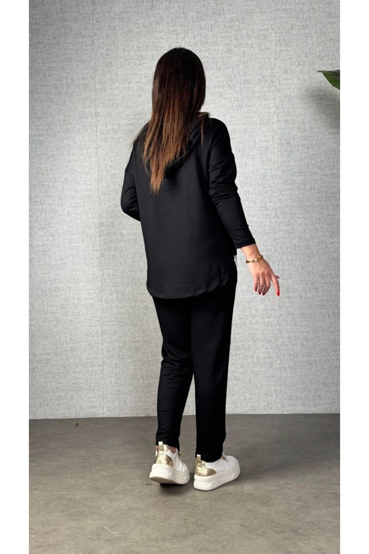 Kadın Uzun Kollu Kapşonlu Bağcıklı Viskon Iki Iplik Bluz Ve Pantolon Ikili Takım