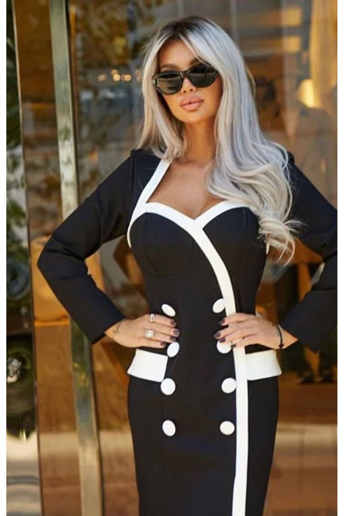 Kadın Uzun Kollu Kalp Yaka Kaplama Düğme Ve Cep Detay Elbise