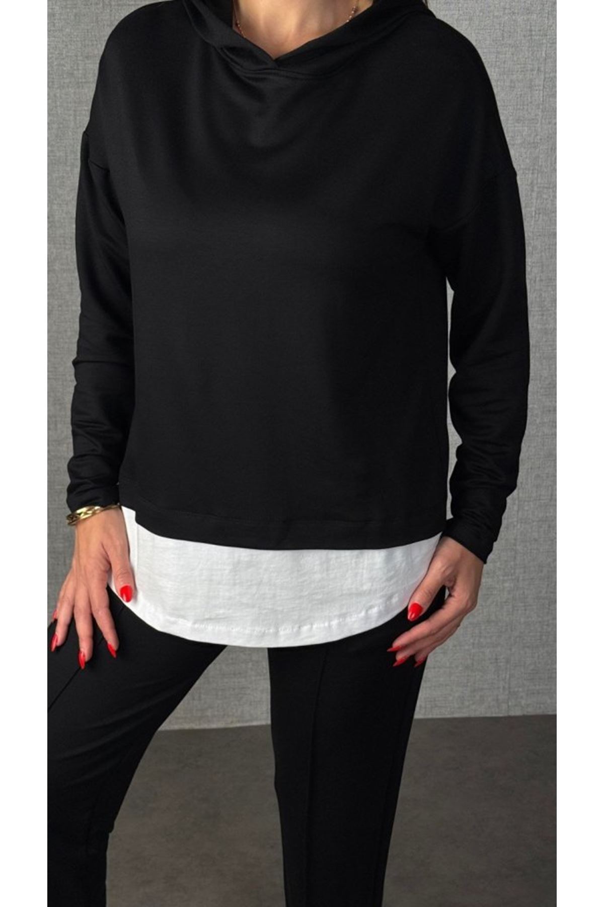 Kadın Uzun Kollu Kapşonlu Bağcıklı Viskon Iki Iplik Bluz Ve Pantolon Ikili Takım