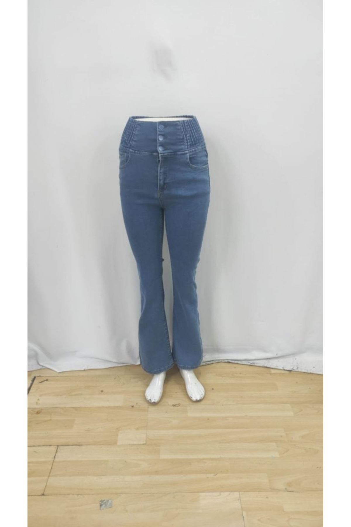 Kadın Yüksek Bel Yanları Lastik önü Düğmeli Kot Pantolon