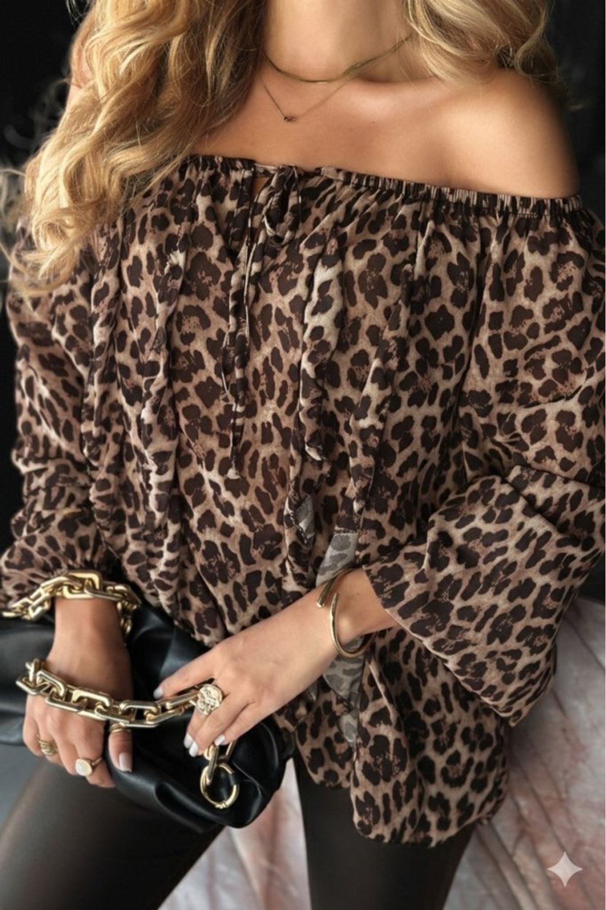 Kadın Madonna Yaka Bağcıklı Leopar Desen Detaylı şifon Bluz