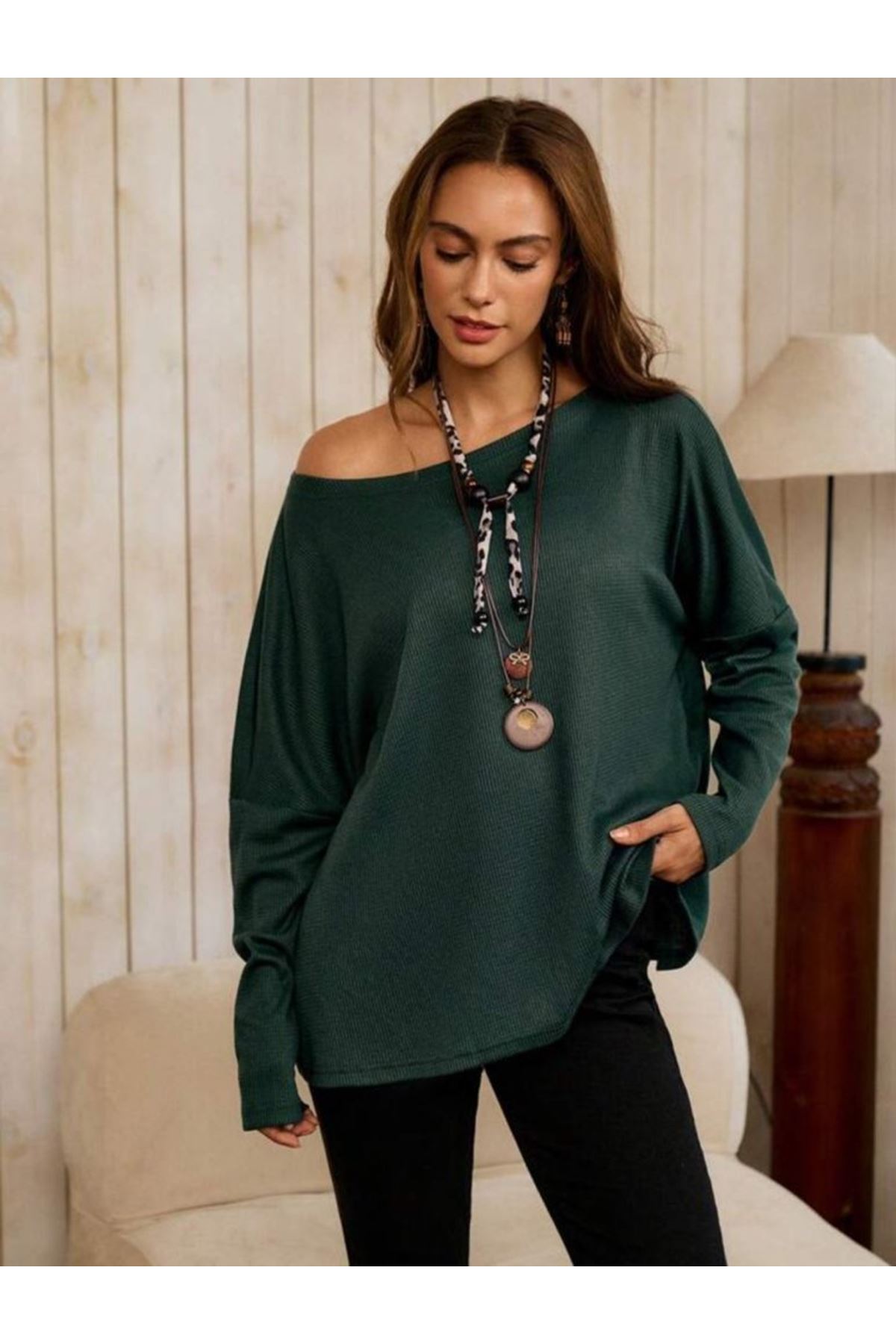 Kadın Tek Omuzdan Açık Yarasa Kollu Waffle Bluz