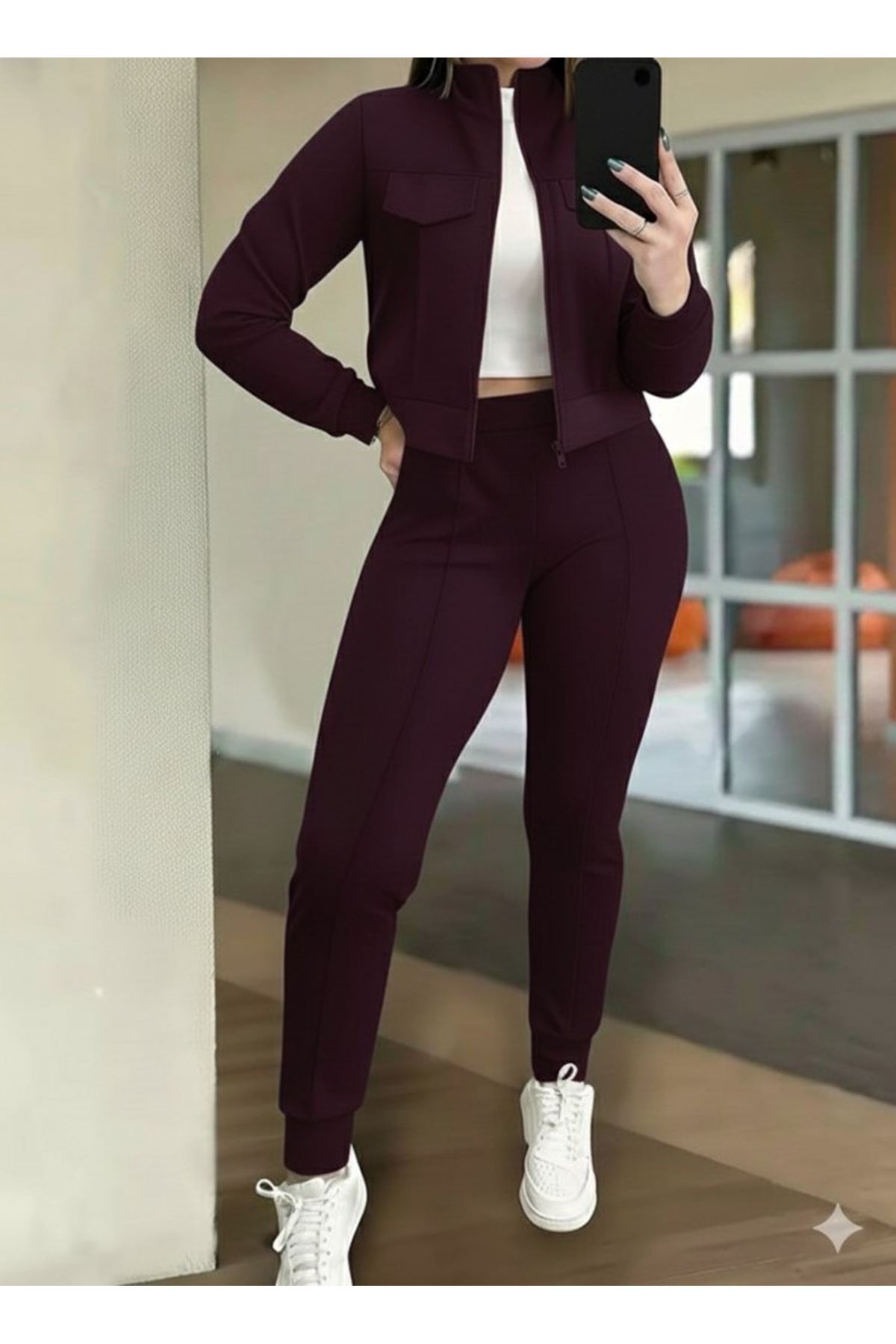 Kadın Uzun Kollu önden Fermuarlı Kısa Modal Mor Ceket Ve Pantolon Ikili Takım