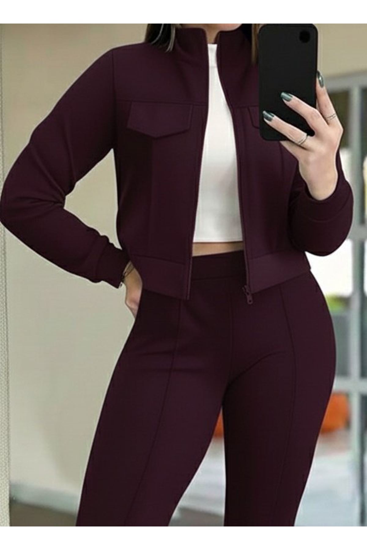 Kadın Uzun Kollu önden Fermuarlı Kısa Modal Mor Ceket Ve Pantolon Ikili Takım