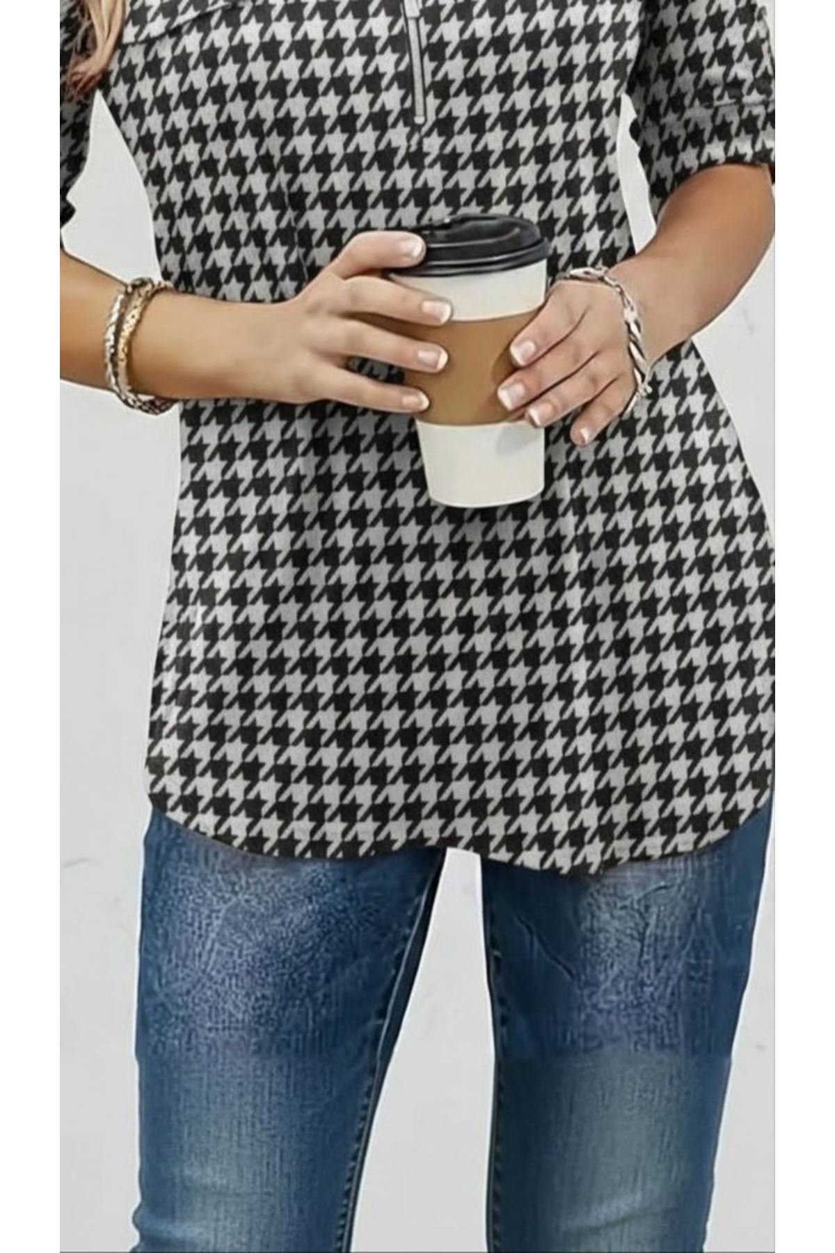 Kadın Uzun Kollu Hakim Yaka Yakadan Fermuarlı Geometrik Desenli Süprem Bluz