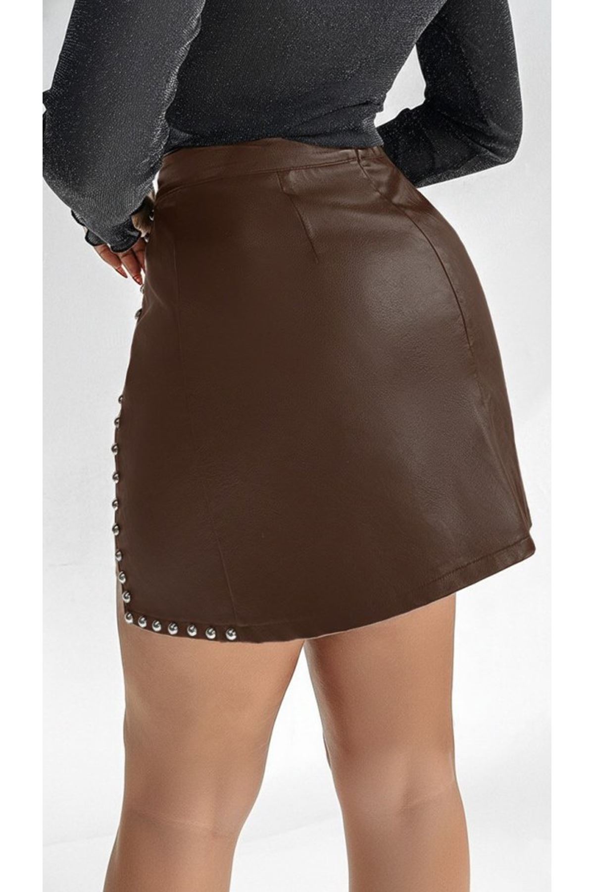 Kadın Yüksek Belli Yandan çivili Mini Deri Etek