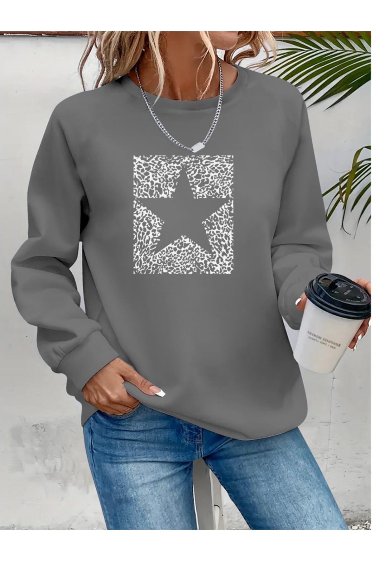 Kadın Uzun Kollu Bisiklet Yaka Desenli Viskon Iki Iplik Bluz