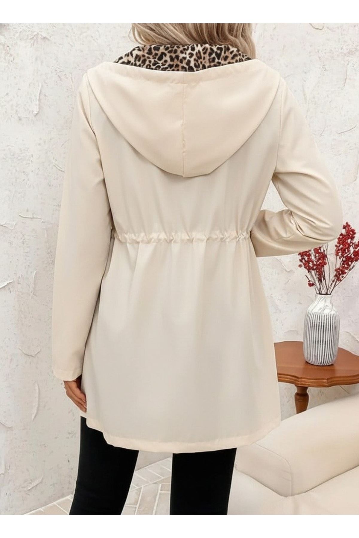 Kadın Uzun Kollu Kapşonlu çift Taraflı Cepli Bağcıklı Fermuarlı Viskon Iki Iplik Ceket