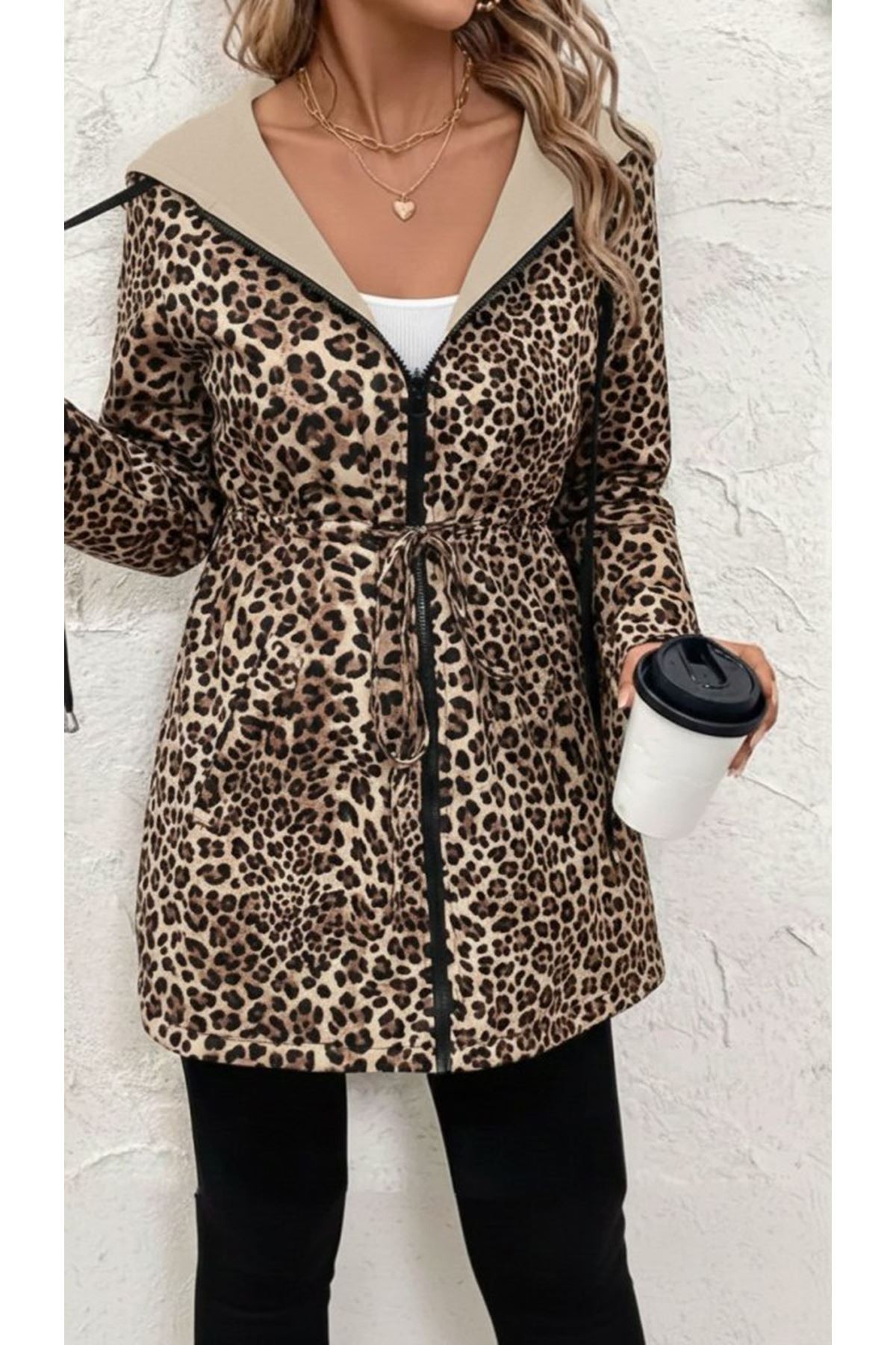 Kadın Uzun Kollu Kapşonlu çift Taraflı Cepli Bağcıklı Fermuarlı Viskon Iki Iplik Ceket