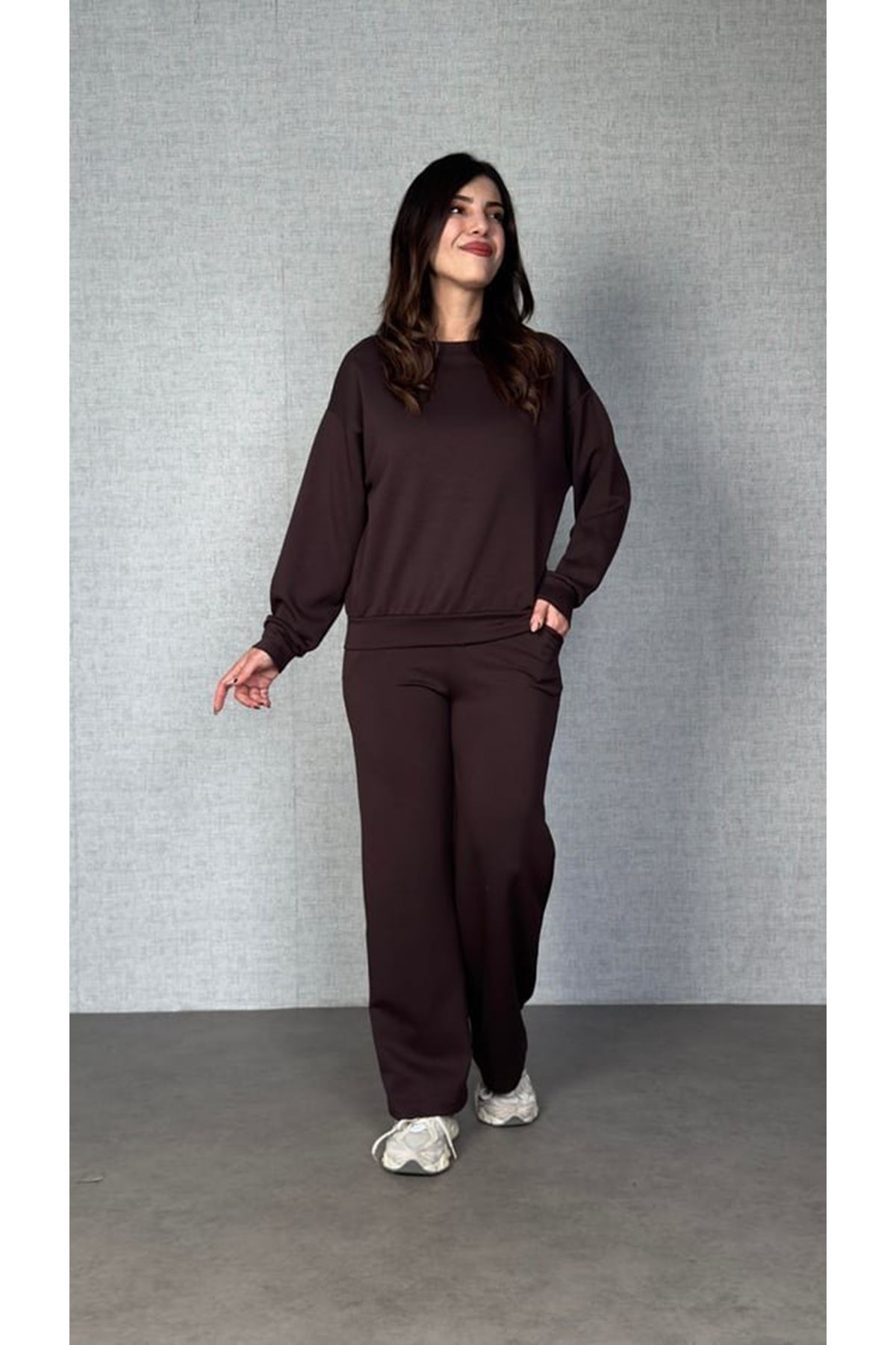 Kadın Uzun Kollu Bisiklet Yaka Viskon Iki Iplik Bluz Ve Pantolon Ikili Takım