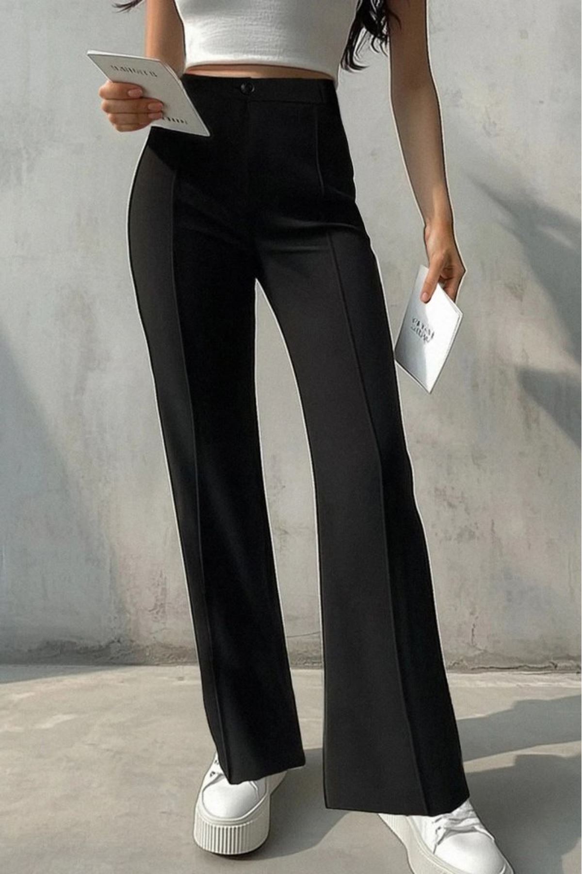 Kadın Yüksek Bel Nervurlu Ithal Krep Pantolon