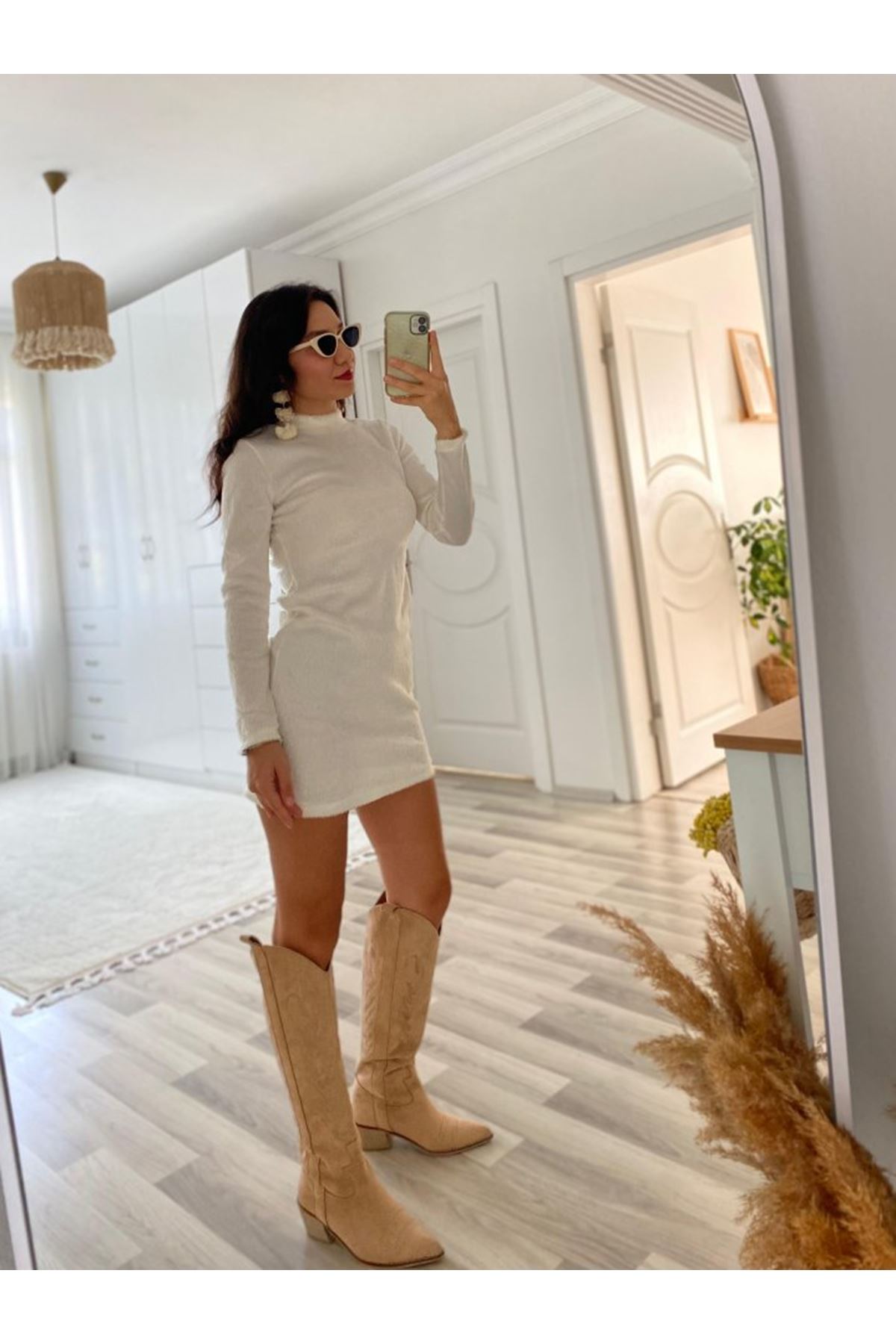 Kadın Uzun Kollu Peluş Mini Boy Elbise