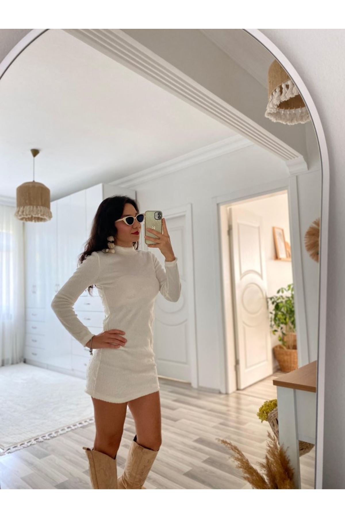 Kadın Uzun Kollu Peluş Mini Boy Elbise