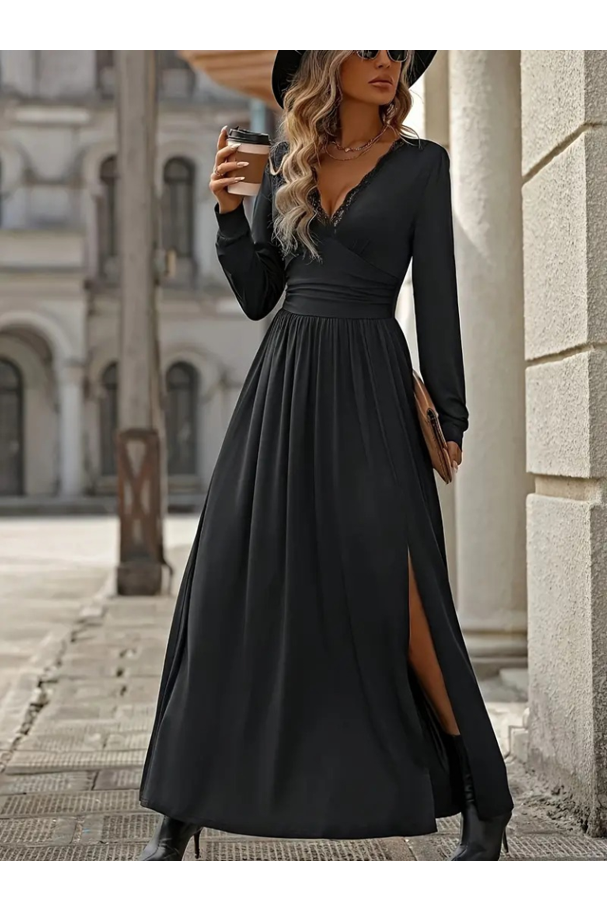 Kadın Uzun Kollu V Dantel Yakalı Yırtmaçlı Uzun Sandy Elbise