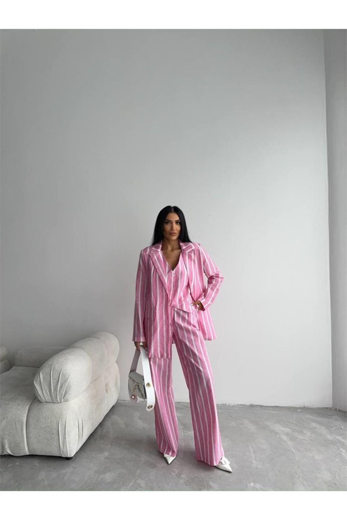 ÇİZGİLİ CEKET KETEN - Pembe