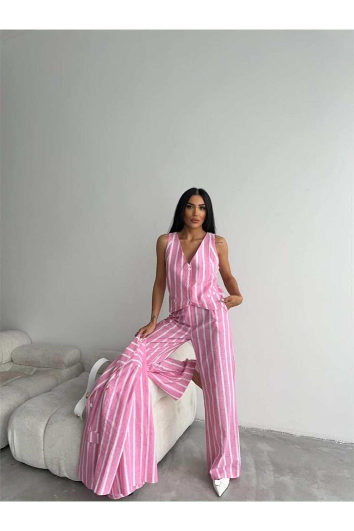 ÇİZGİLİ CEKET KETEN - Pembe