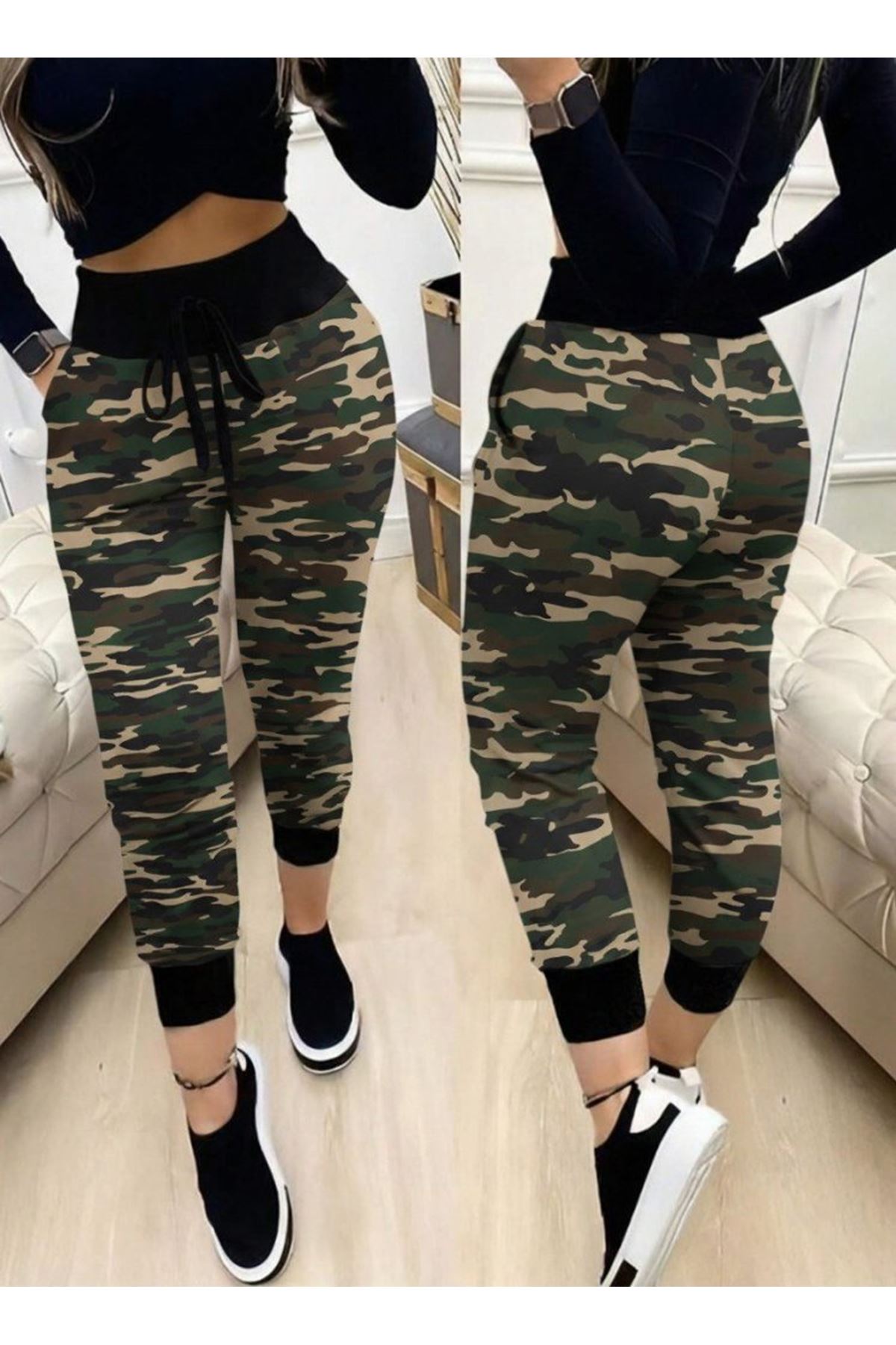 Kadın Yüksek Bel Bağcıklı Desenli Iki Iplik Pantolon