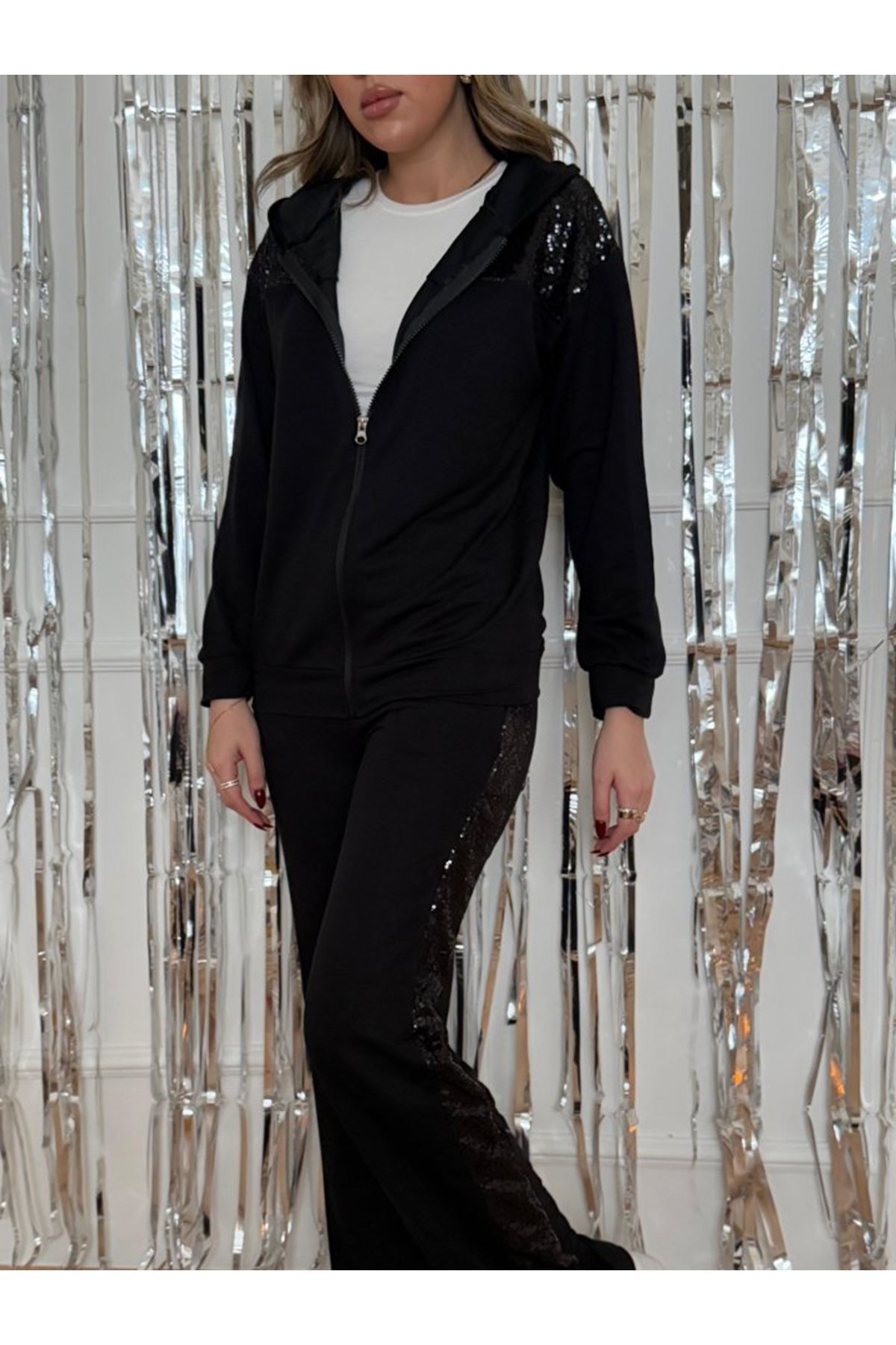 Kadın Yılbaşı özel Iki Iplik Kumaş Pul Ve Fermuar Detaylı Ikili Takım