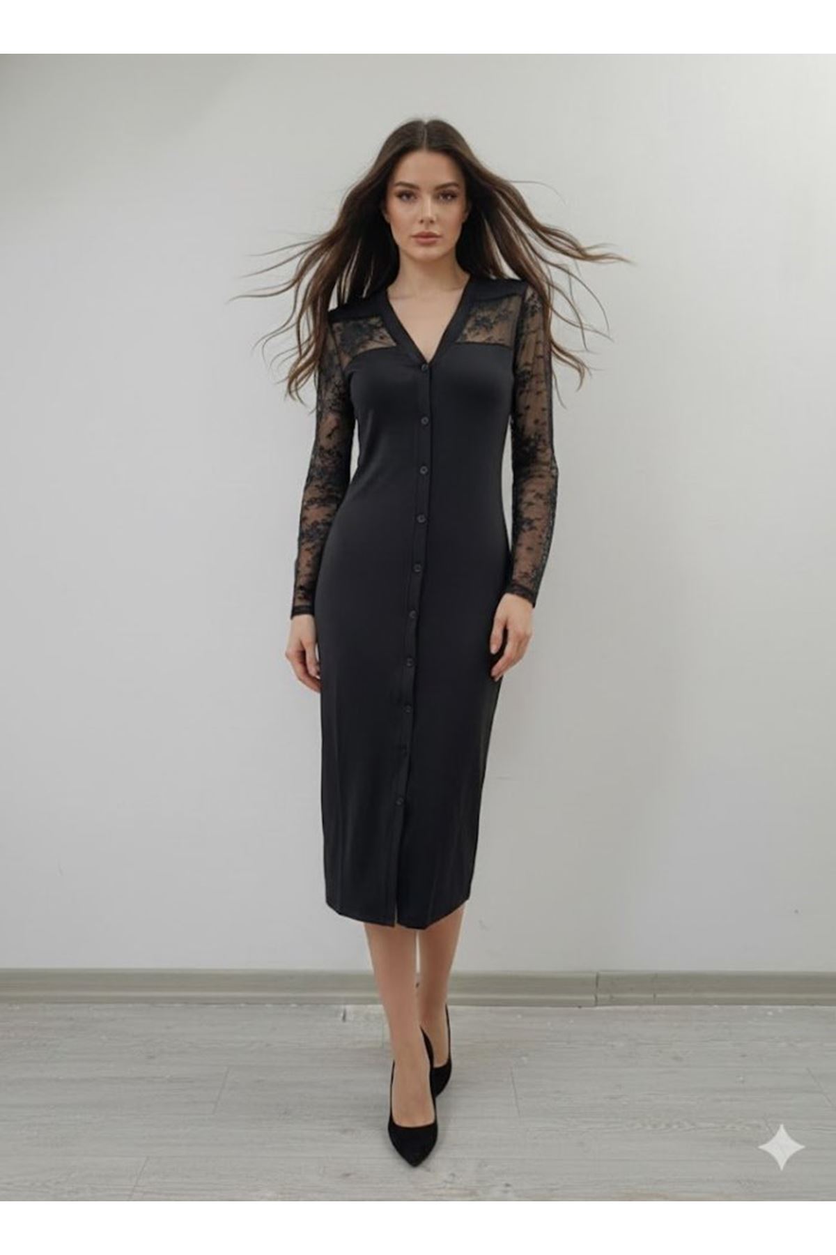 Kadın Uzun Kollu Transparan Detay Midi Boy Elbise