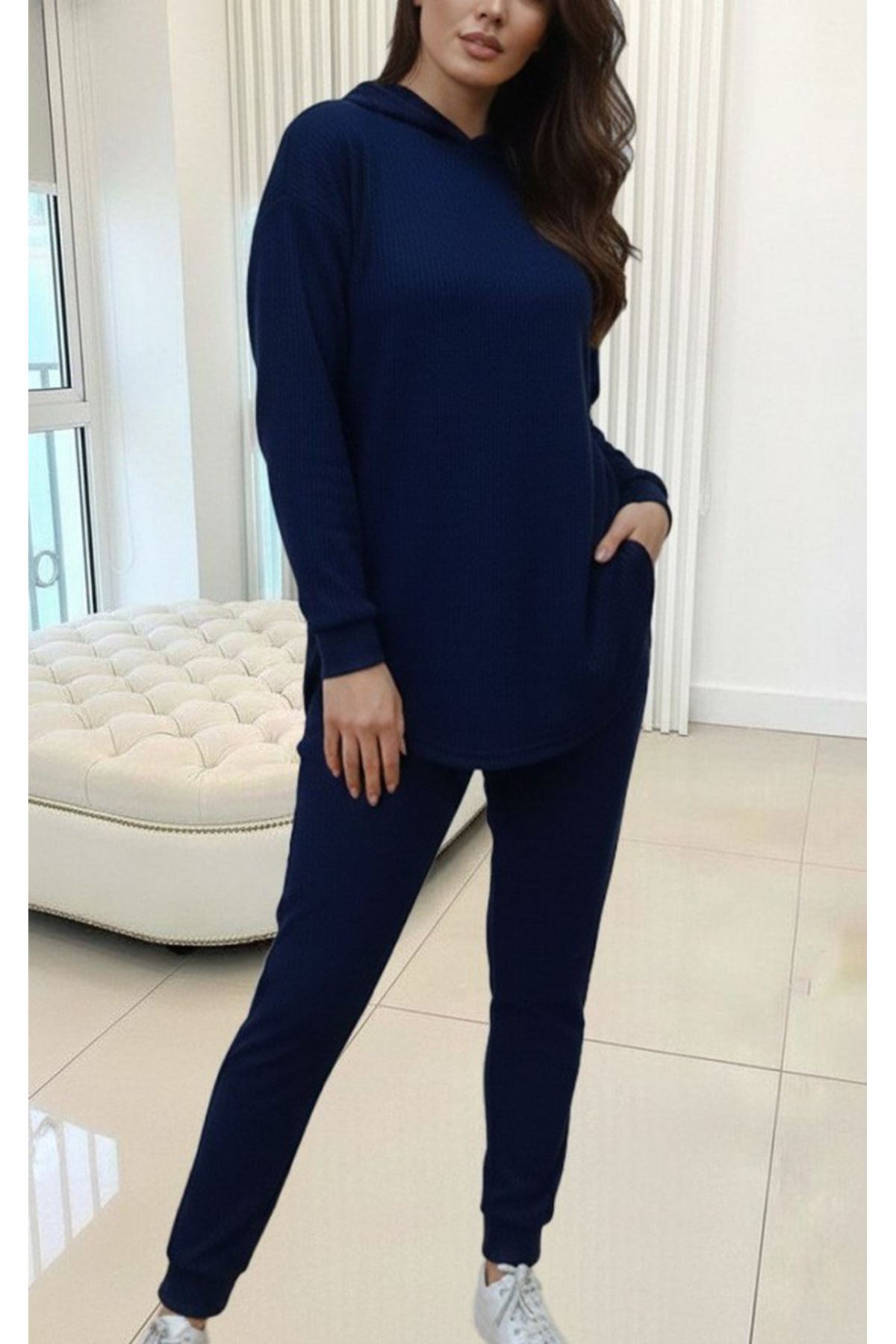 Kadın Uzun Kollu Kapşonlu Meloni Bluz Ve Pantolon Ikili Takım