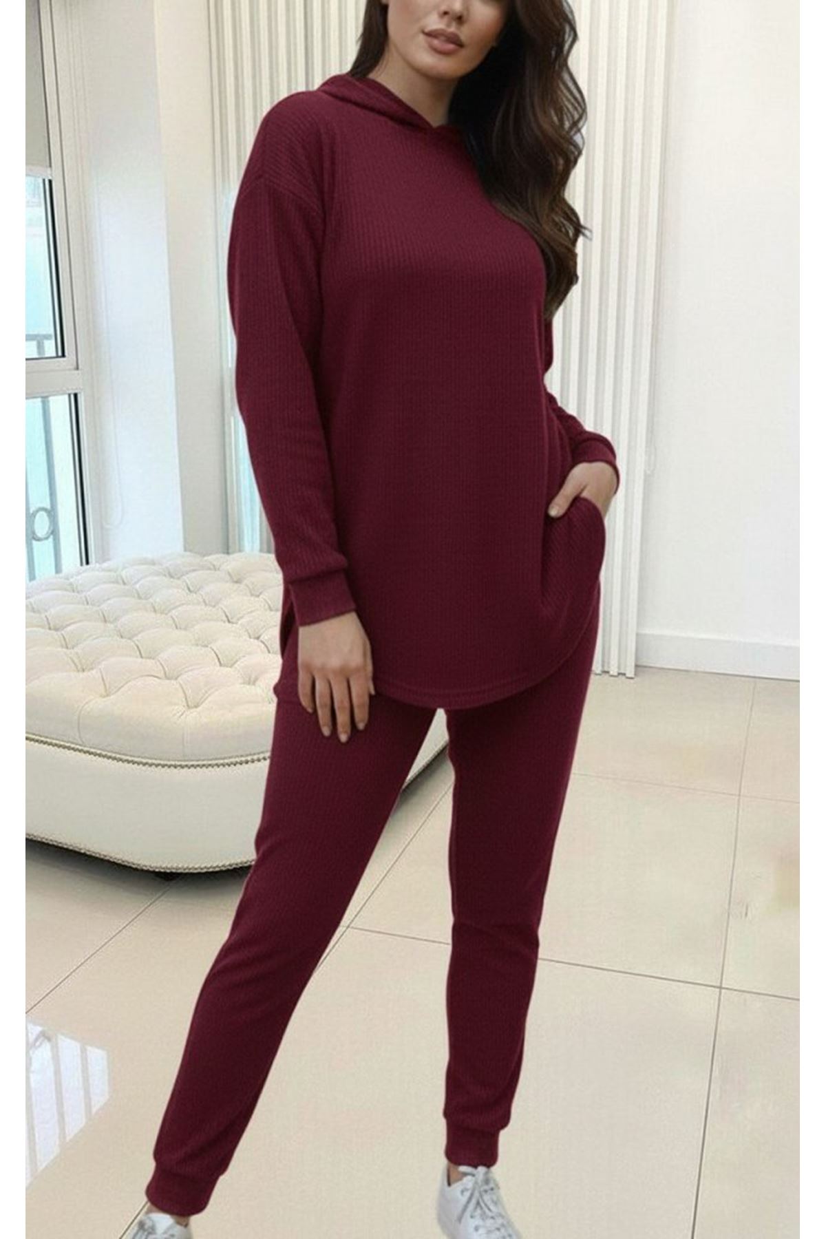 Kadın Uzun Kollu Kapşonlu Meloni Bluz Ve Pantolon Ikili Takım