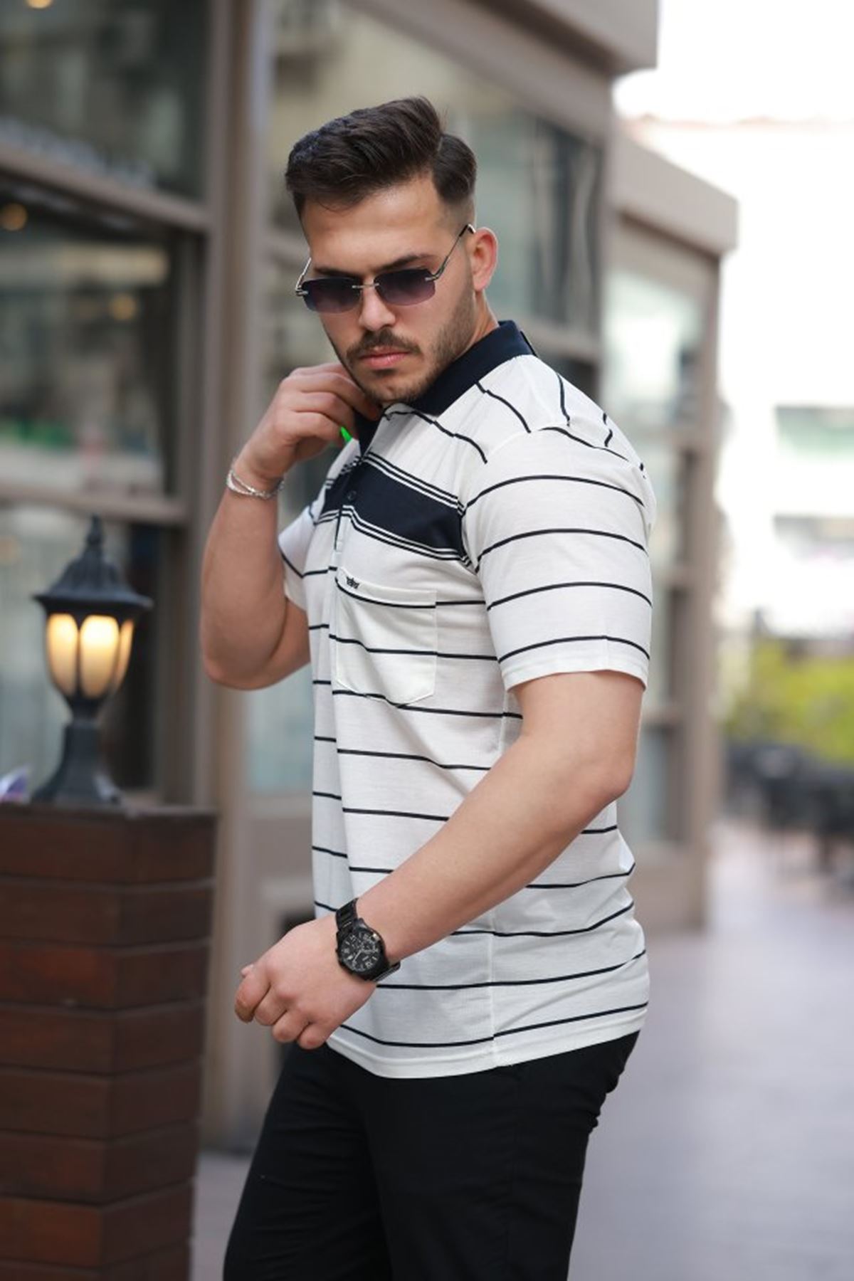 Erkek Yakalı çizgili Kısa Kollu T-shirt