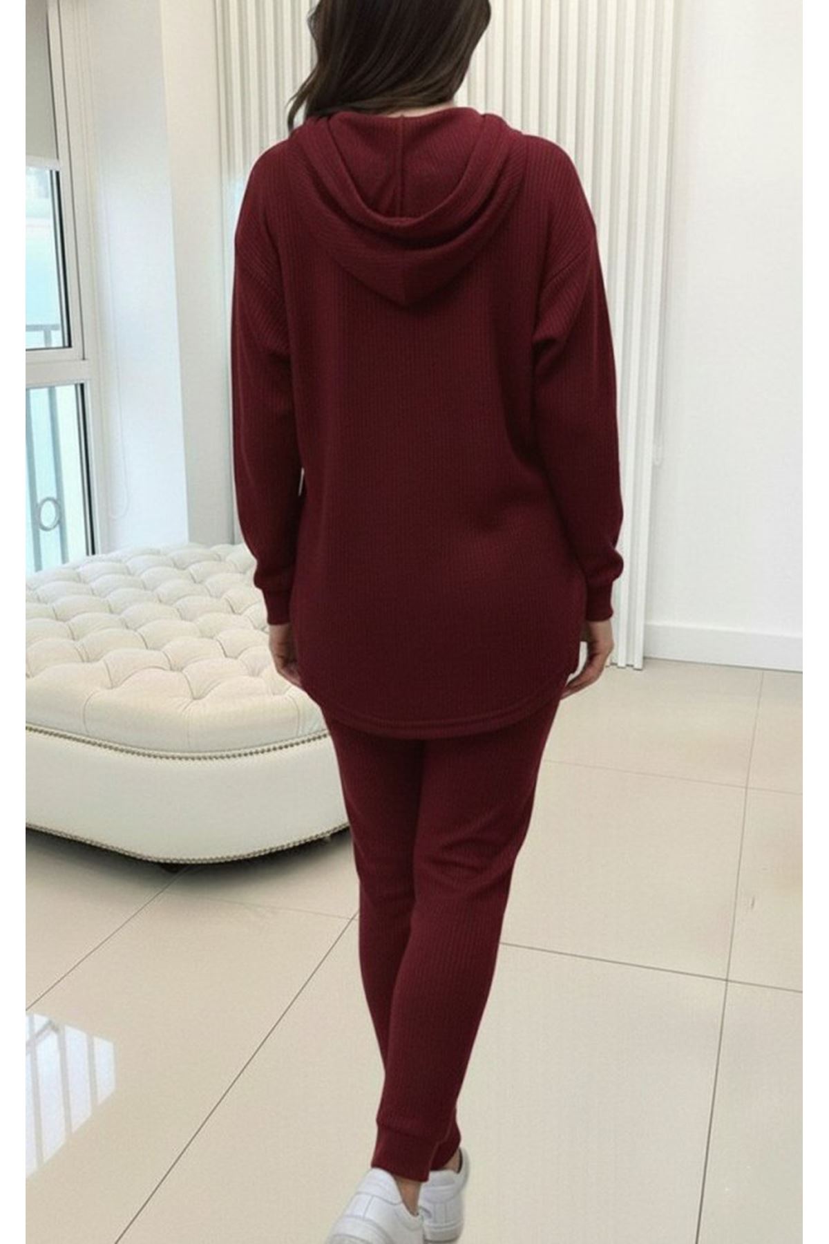 Kadın Uzun Kollu Kapşonlu Meloni Bluz Ve Pantolon Ikili Takım