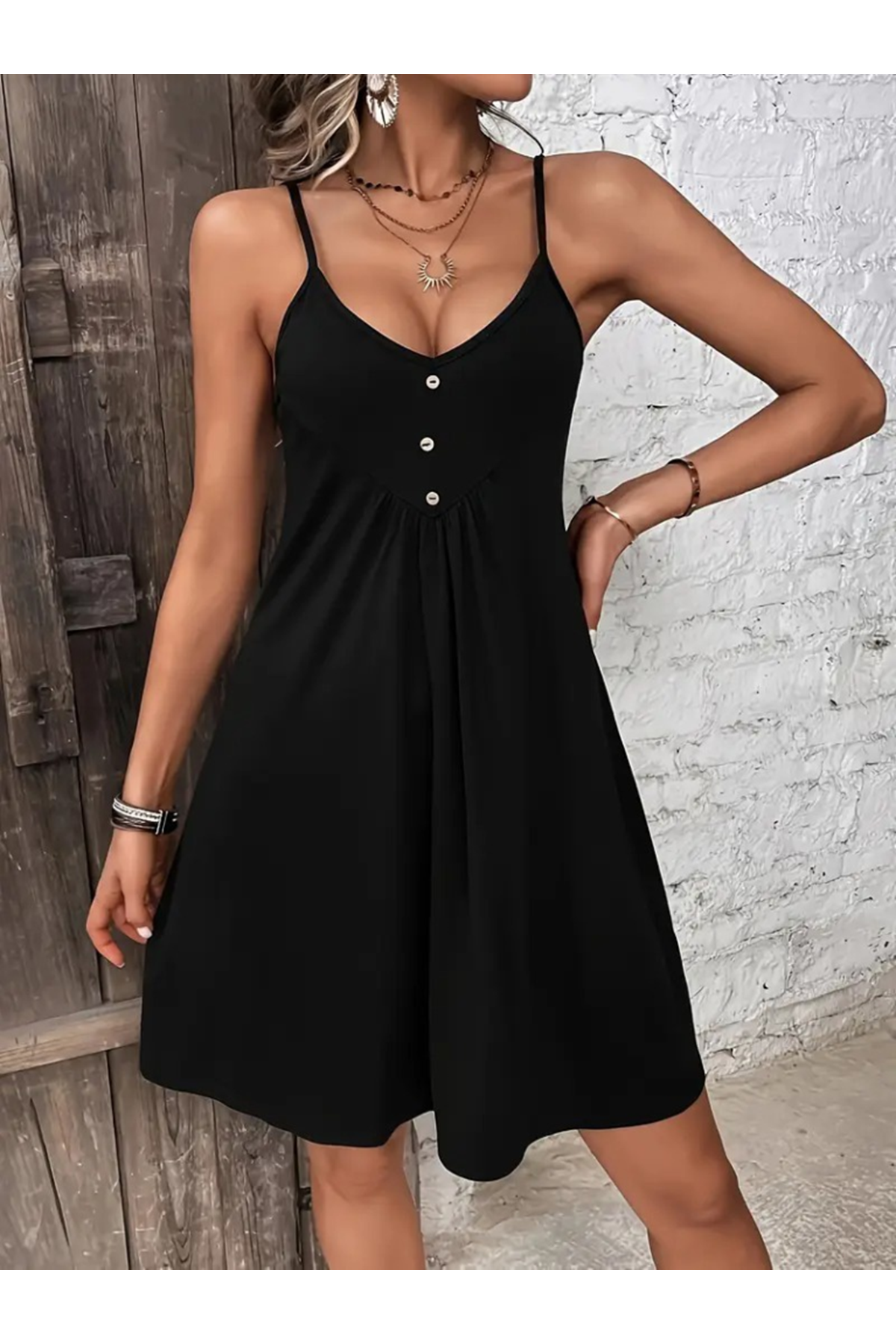 Kadın Ip Askılı V Yakalı Kısa Viskon Elbise