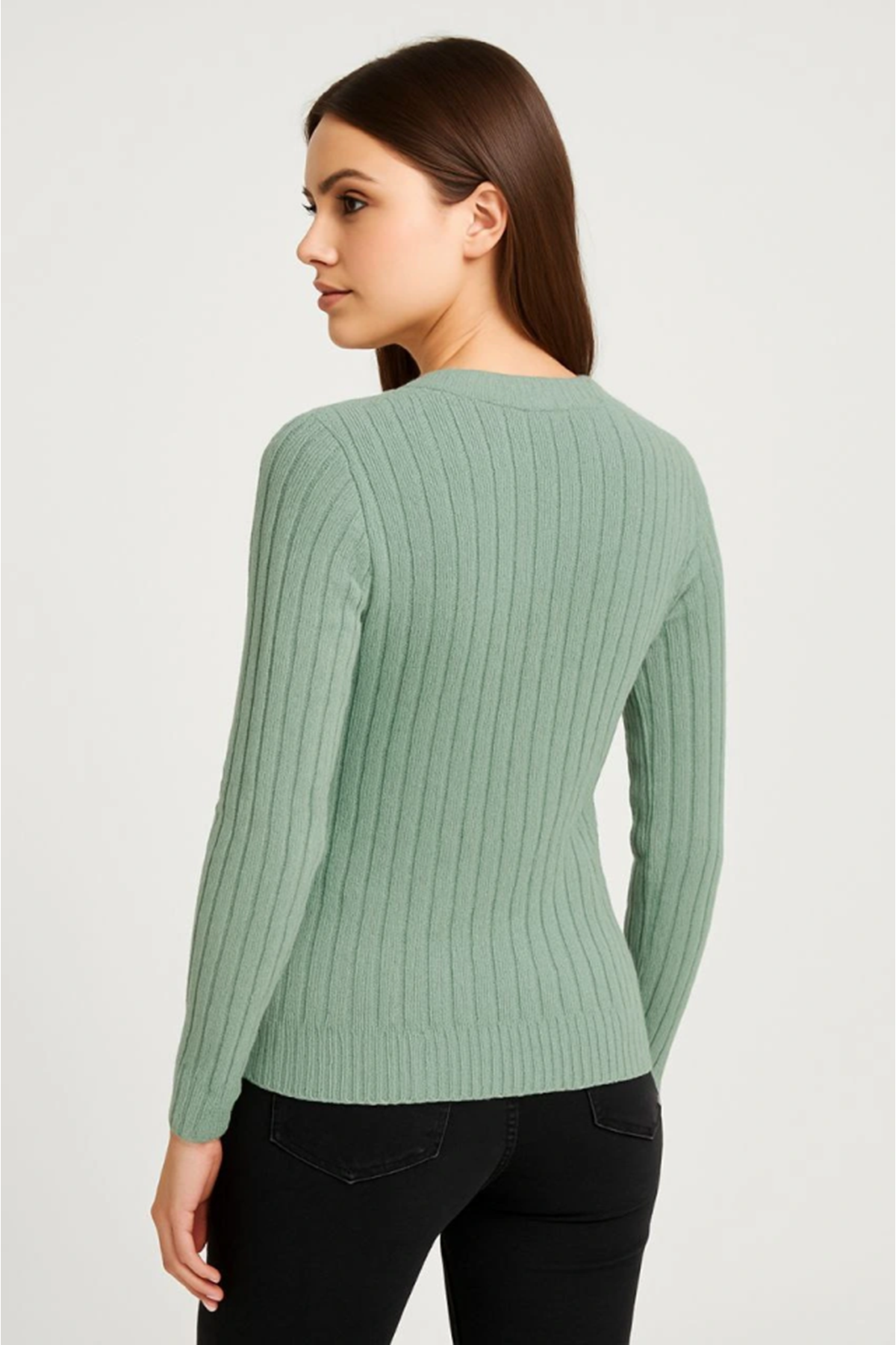 Erkek Bisiklet Yuvarlak Yaka Triko Kazak Pamuklu Kalın Fitilli Dokuma, Regular Fit Uzun Kollu Kışlık Model - Mint Yeşili