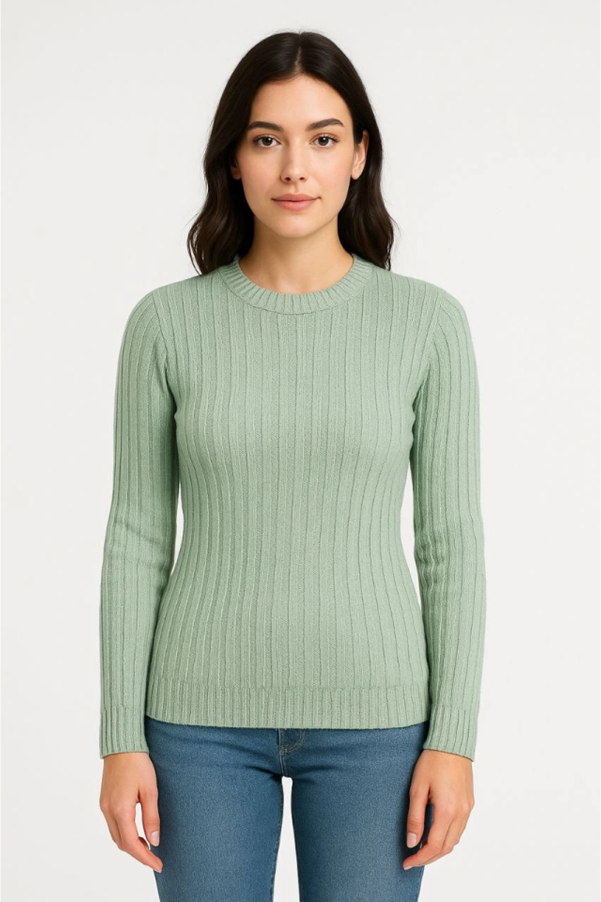 Erkek Bisiklet Yuvarlak Yaka Triko Kazak Pamuklu Kalın Fitilli Dokuma, Regular Fit Uzun Kollu Kışlık Model - Mint Yeşili