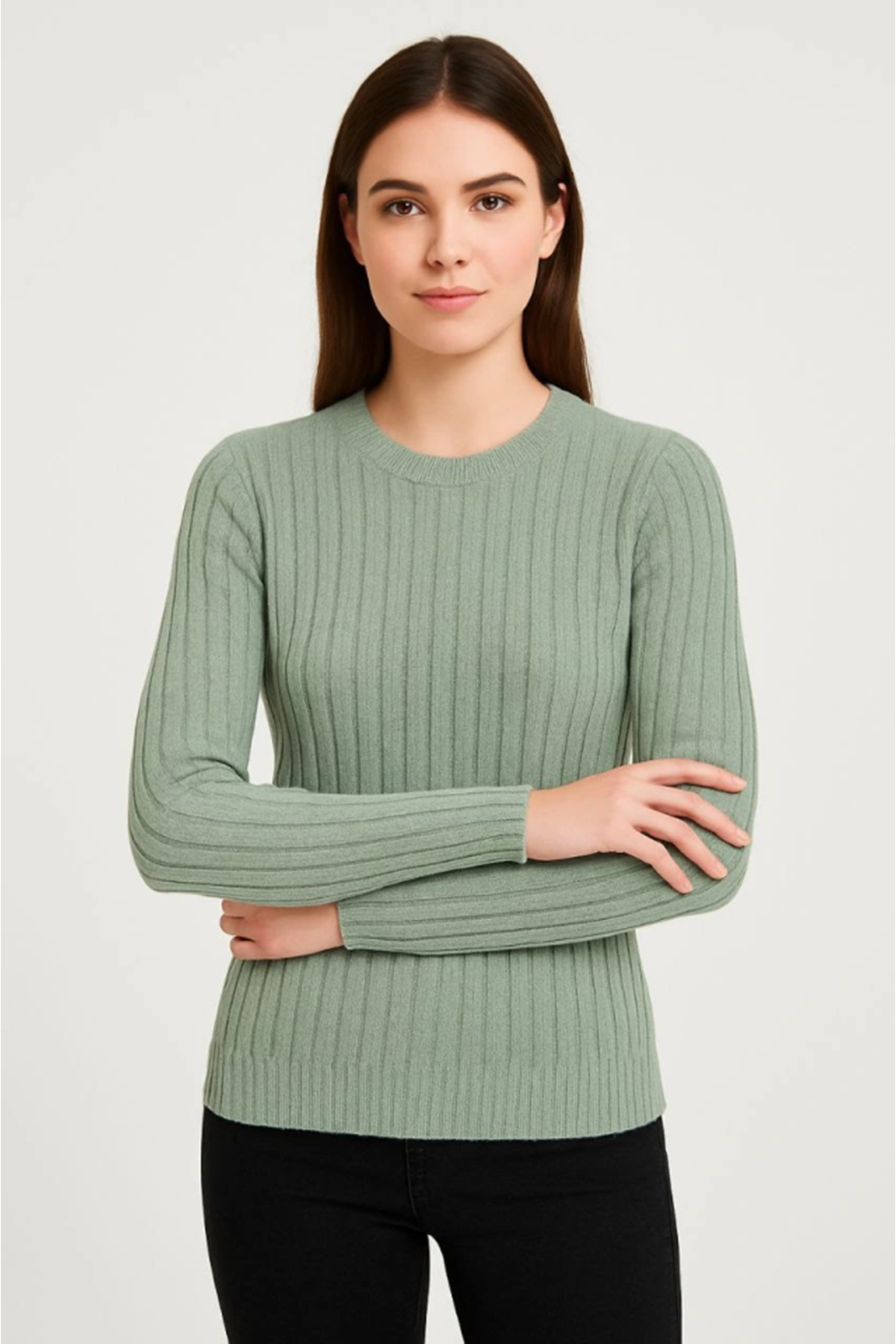 Erkek Bisiklet Yuvarlak Yaka Triko Kazak Pamuklu Kalın Fitilli Dokuma, Regular Fit Uzun Kollu Kışlık Model - Mint Yeşili