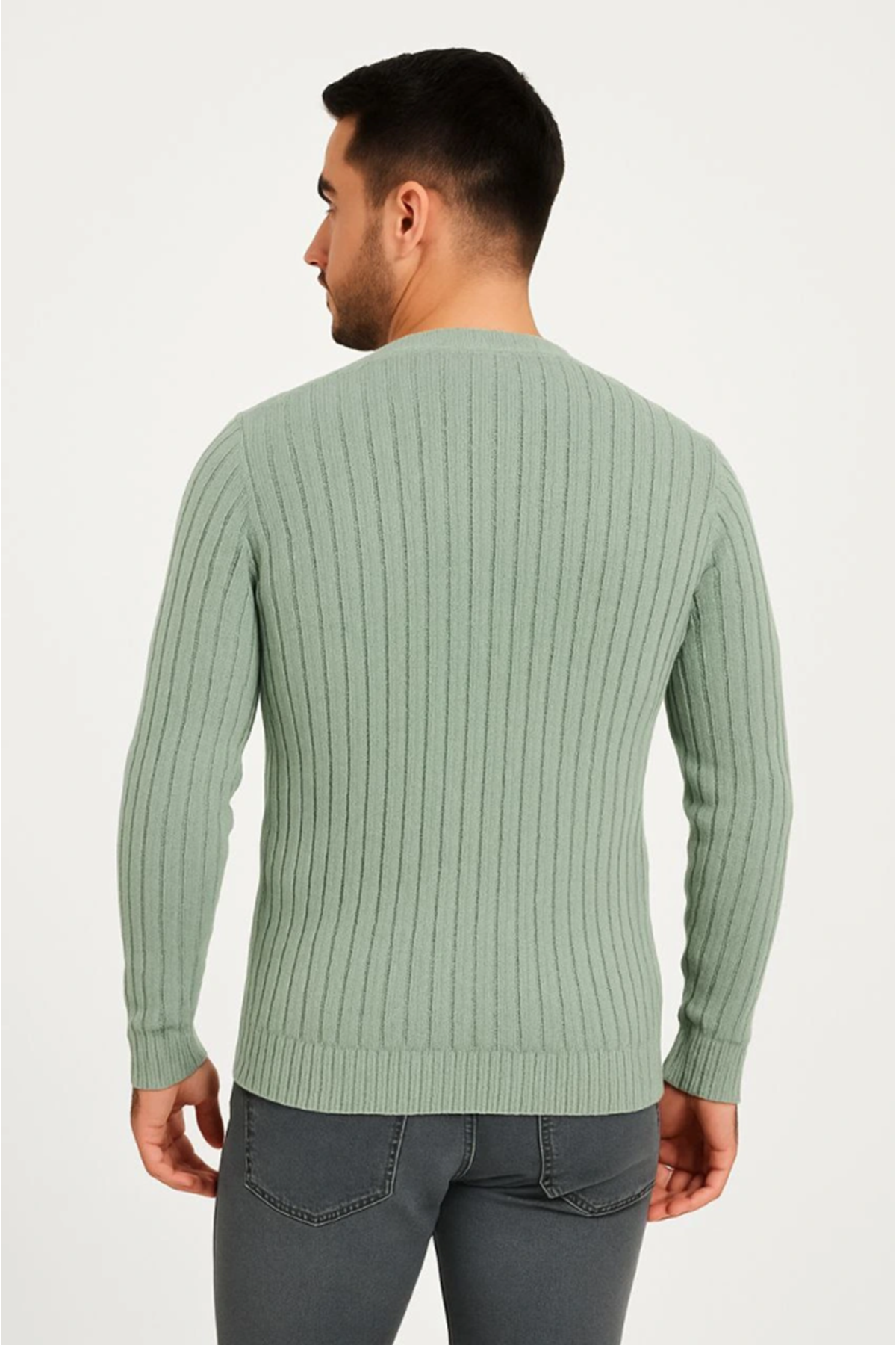 Erkek Bisiklet Yuvarlak Yaka Triko Kazak Pamuklu Kalın Fitilli Dokuma, Regular Fit Uzun Kollu Kışlık Model - Mint Yeşili