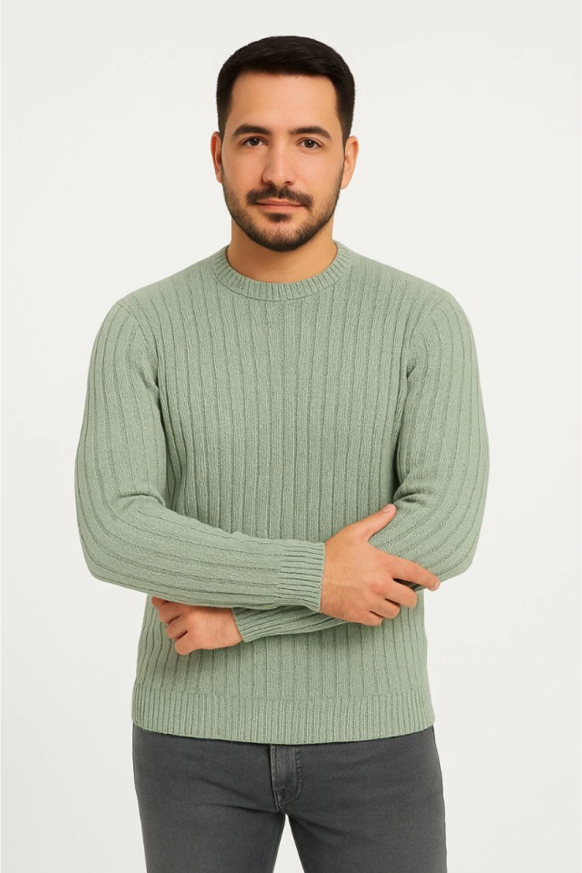 Erkek Bisiklet Yuvarlak Yaka Triko Kazak Pamuklu Kalın Fitilli Dokuma, Regular Fit Uzun Kollu Kışlık Model - Mint Yeşili