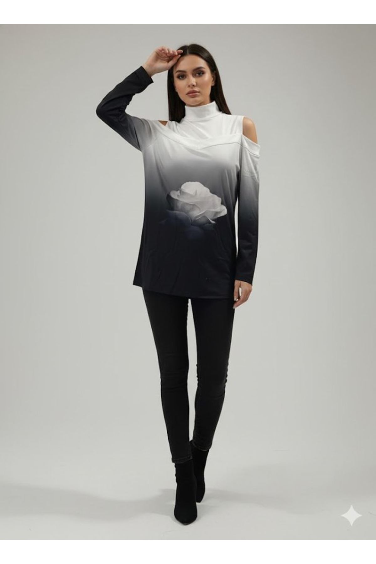 Kadın Uzun Kollu Balıkçı Yaka Omuz Dekoltesi Detaylı Bluz