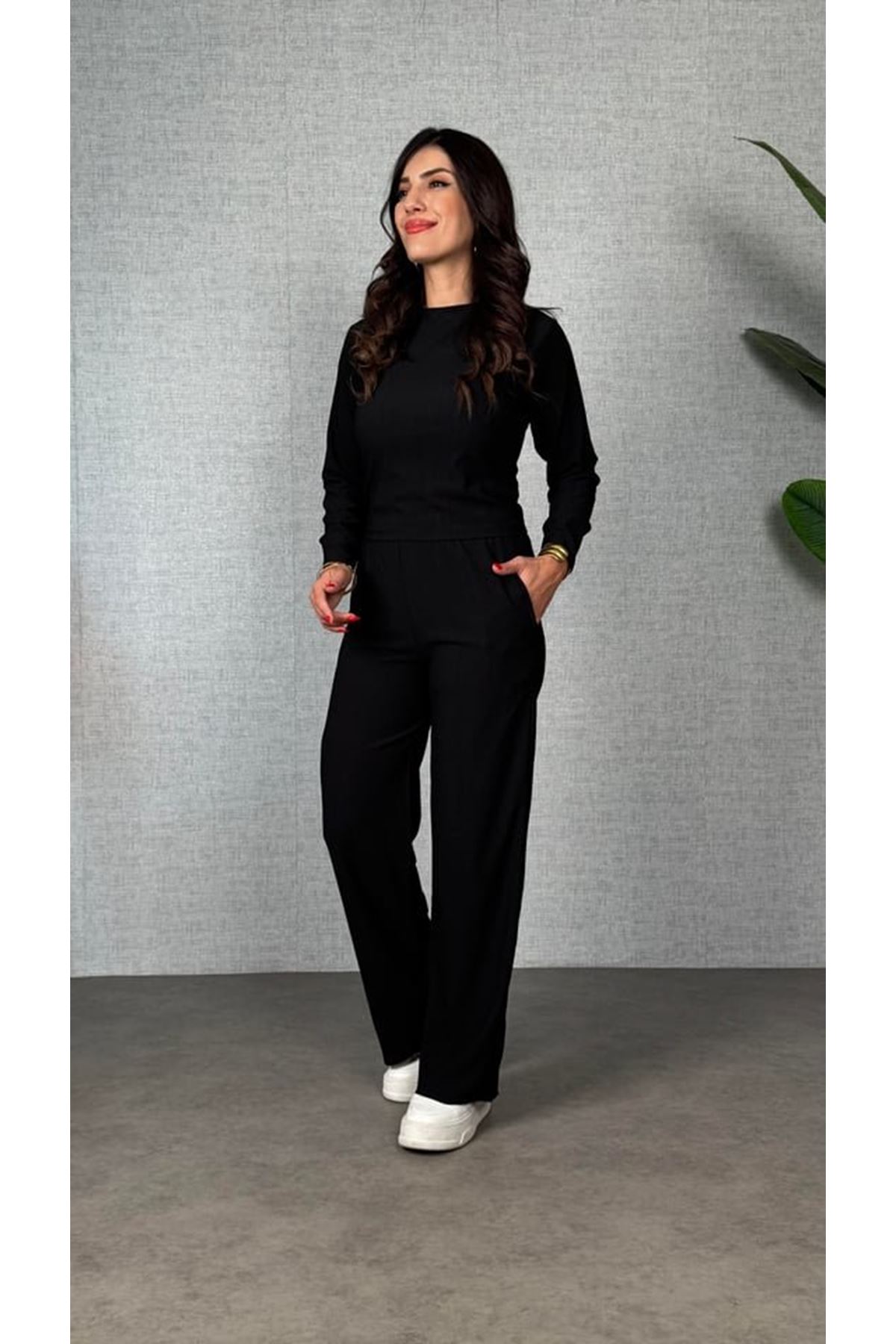 Kadın Uzun Kol Bisiklet Yaka Bürümcük Bluz Ve Pantolon Ikili Takım