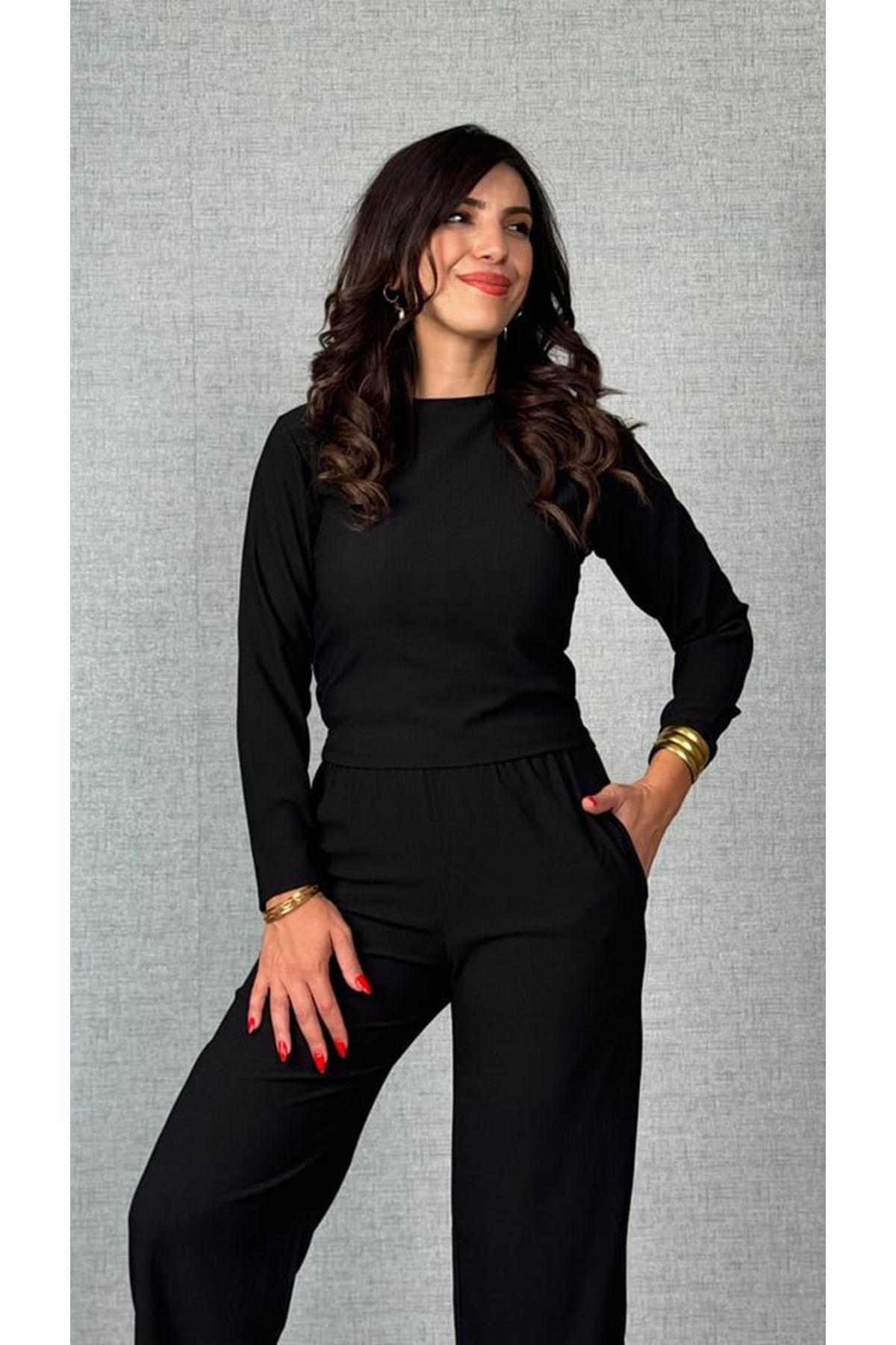 Kadın Uzun Kol Bisiklet Yaka Bürümcük Bluz Ve Pantolon Ikili Takım