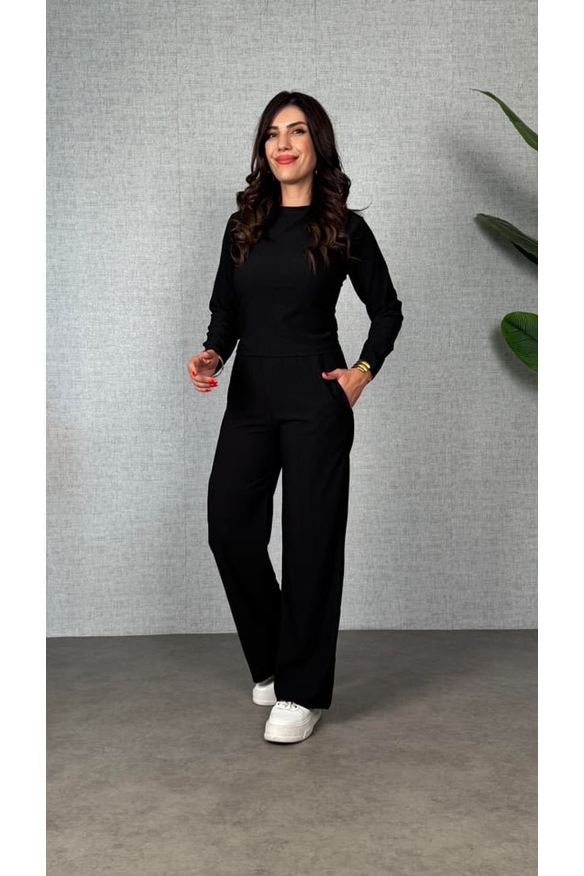 Kadın Uzun Kol Bisiklet Yaka Bürümcük Bluz Ve Pantolon Ikili Takım