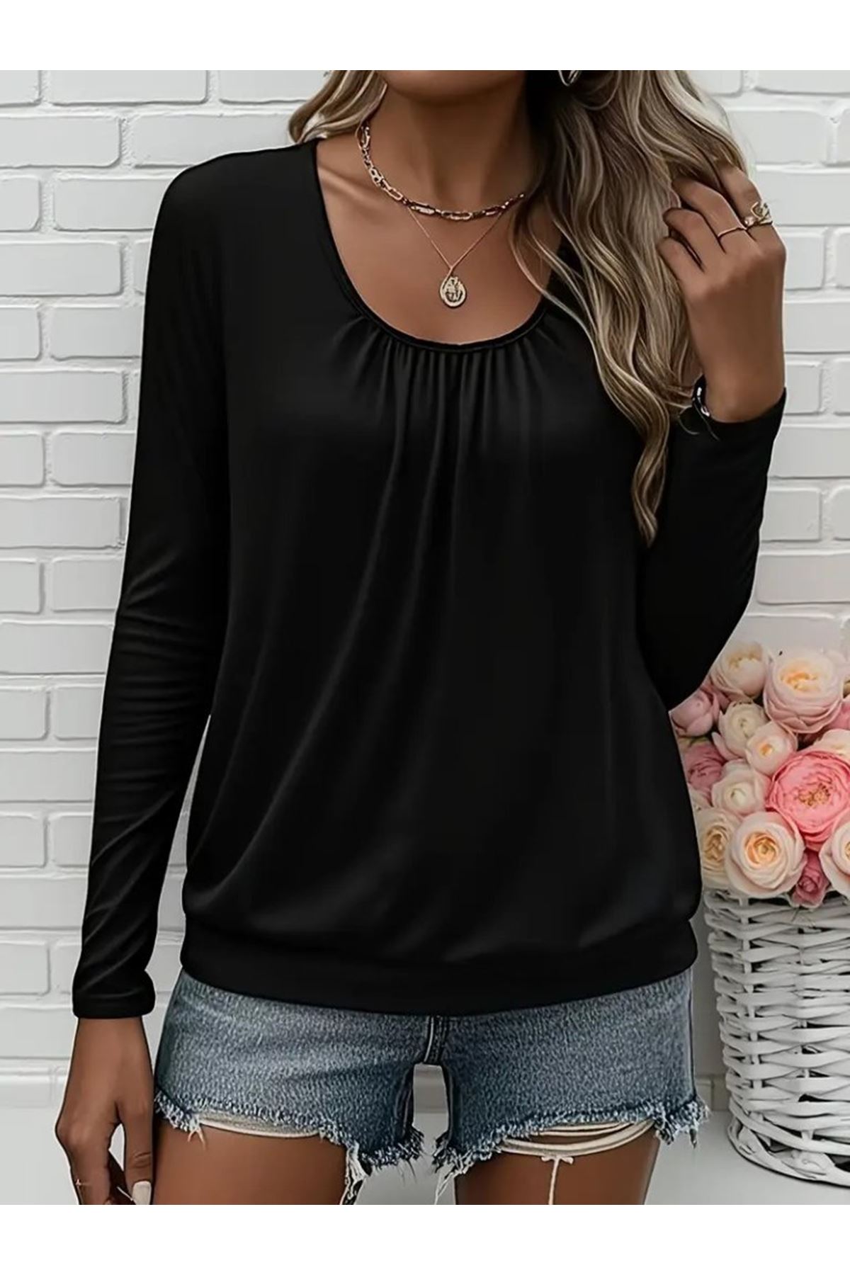 Kadın Uzun Kollu Yuvarlak Yakalı Viskon Bluz