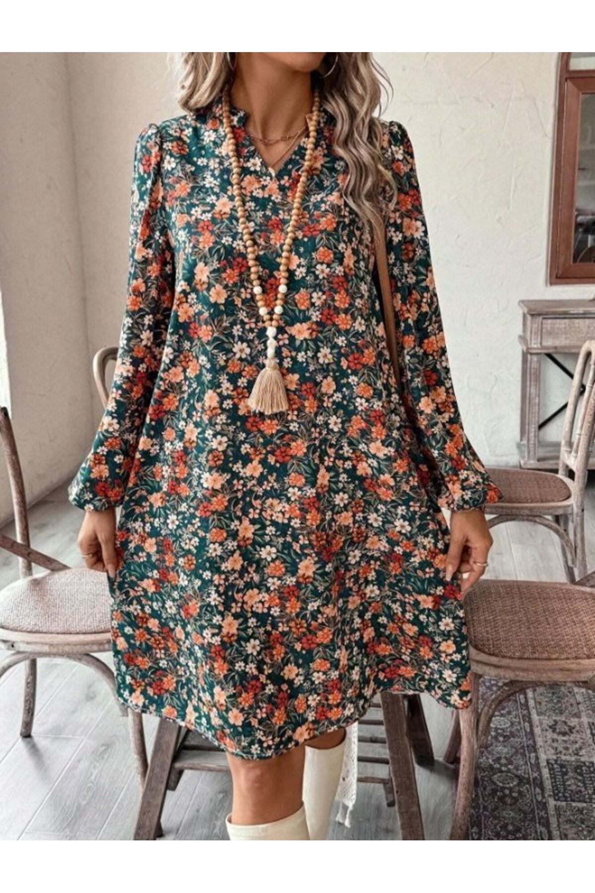 Kadın Uzun Kollu V Yakalı Desenli Modal Mini Elbise