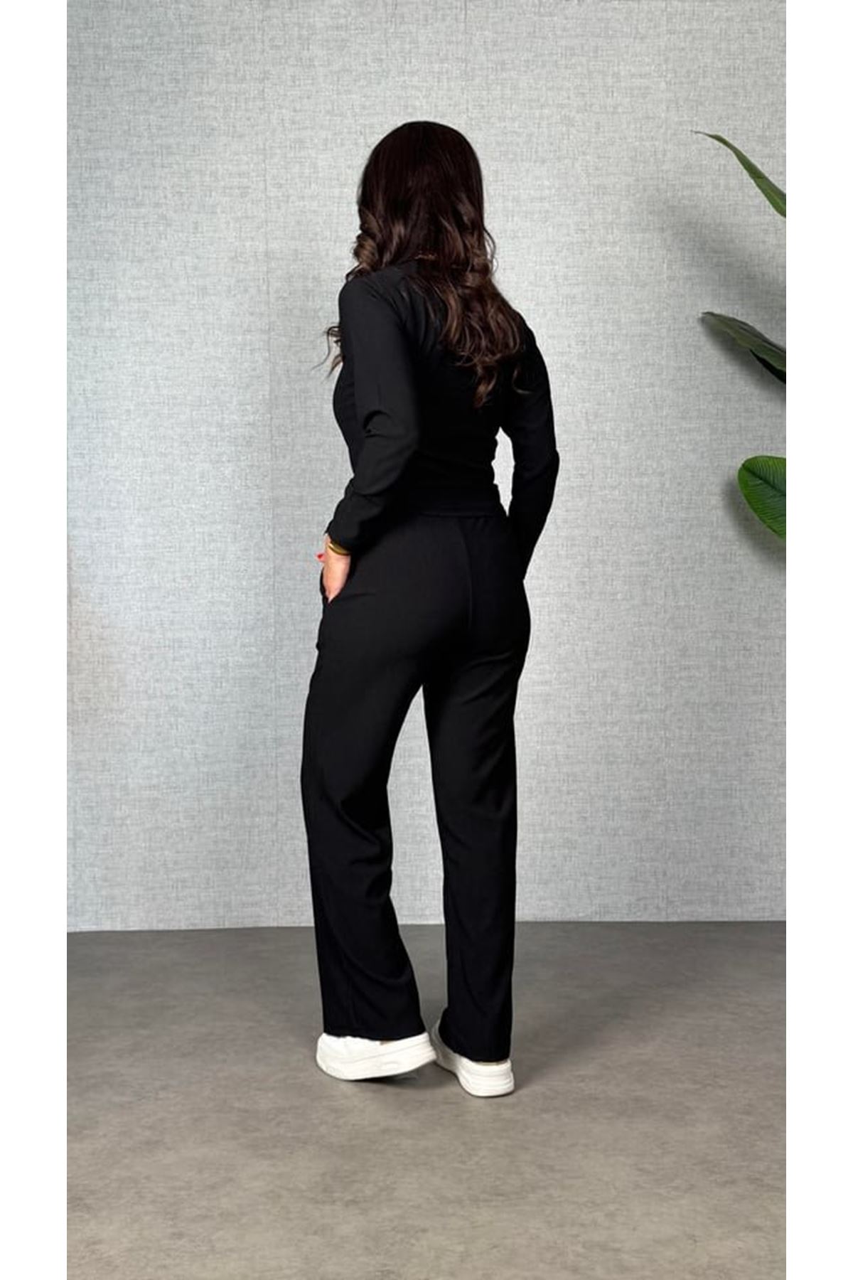 Kadın Uzun Kol Bisiklet Yaka Bürümcük Bluz Ve Pantolon Ikili Takım