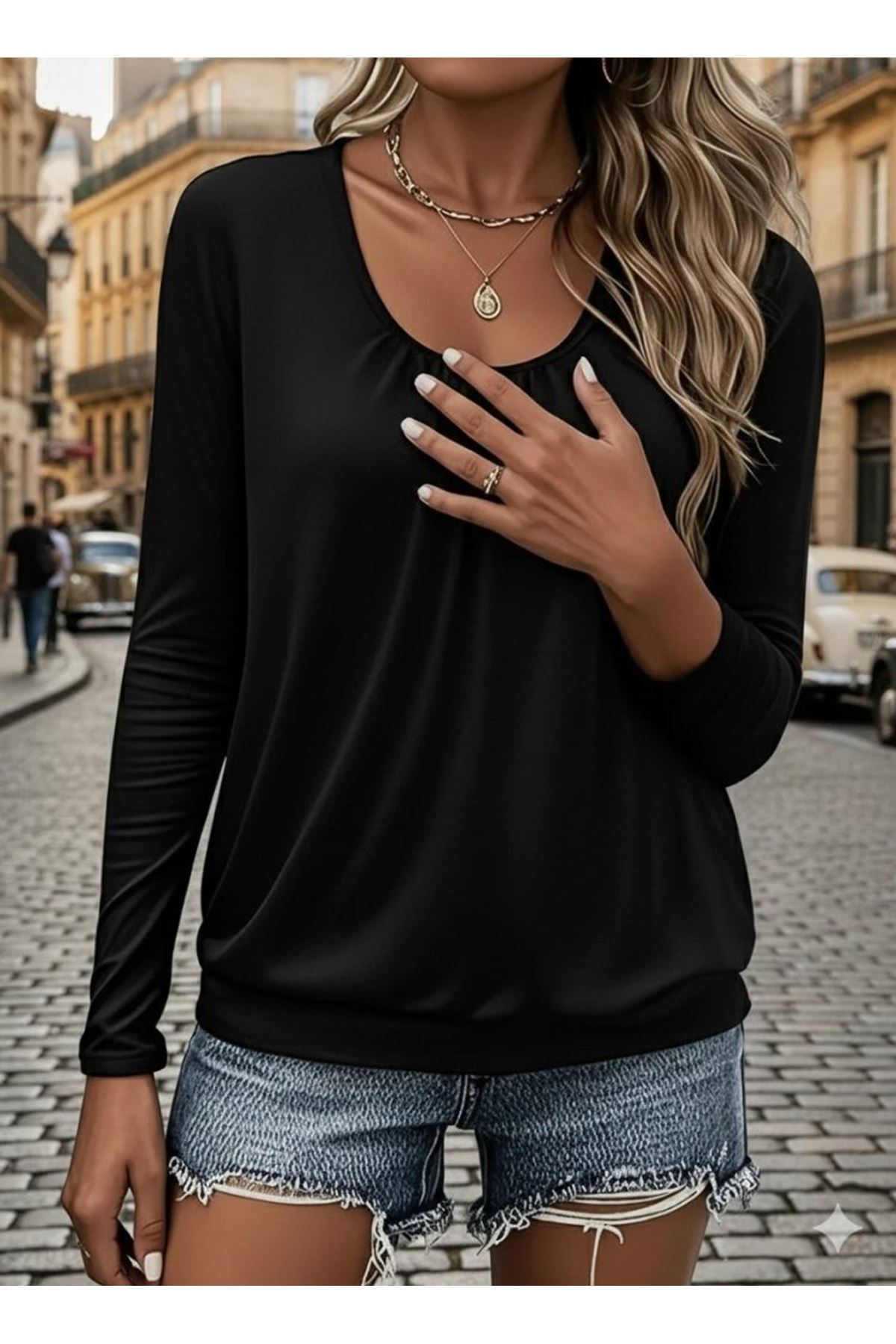 Kadın Uzun Kollu Yuvarlak Yakalı Viskon Bluz