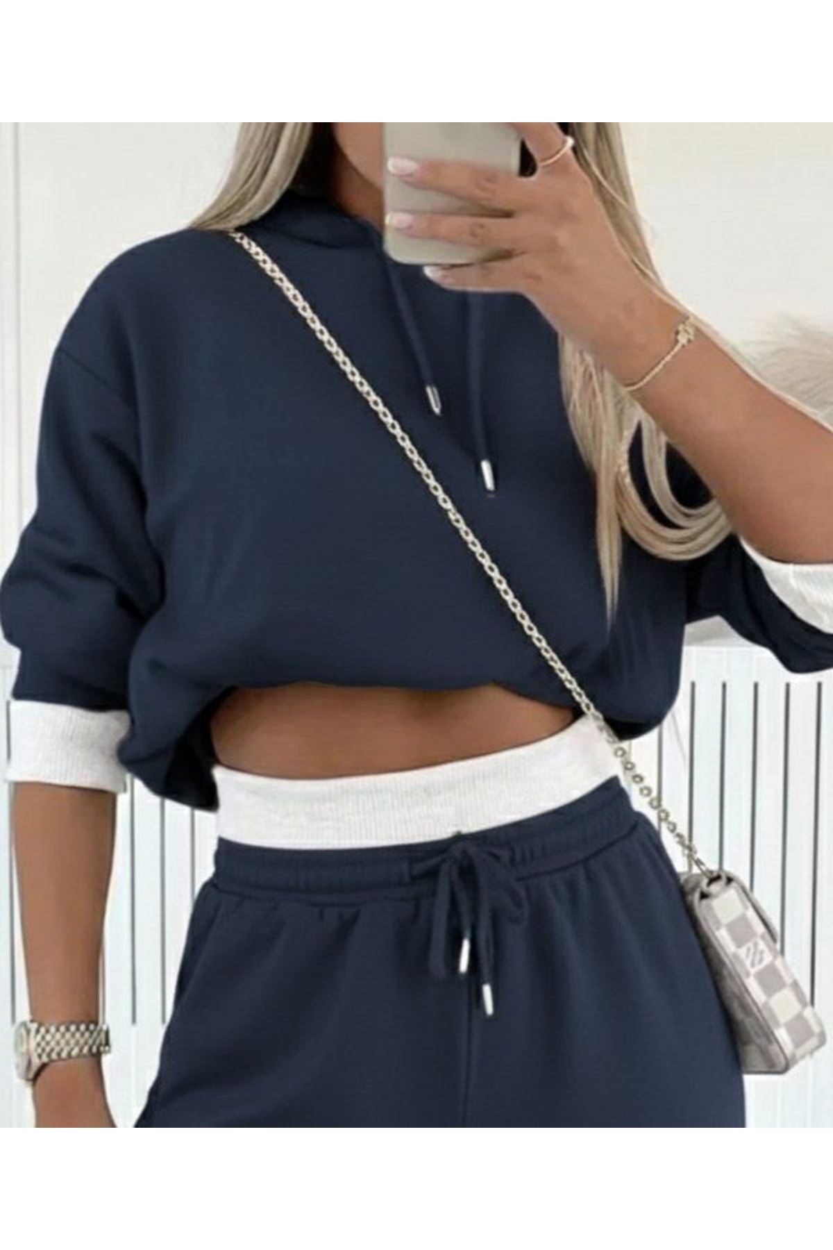 Kadın Uzun Kollu Kapşonlu Viskon Iki Iplik Füme Bluz Ve Pantolon Ikili Takım