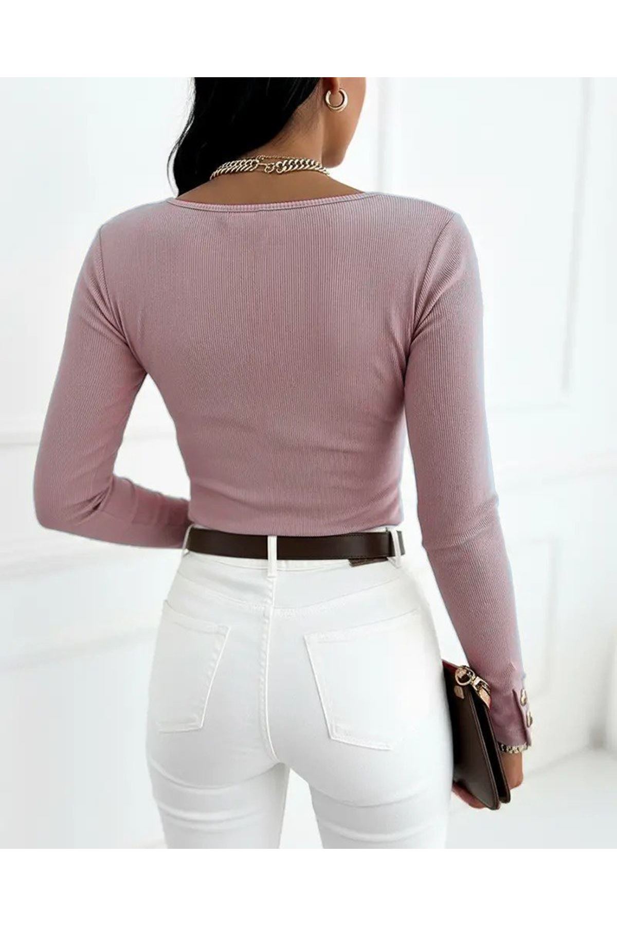 Kadın Uzun Kollu Yakadan Açık Ve Düğme Detaylı Kaşkorse Bluz