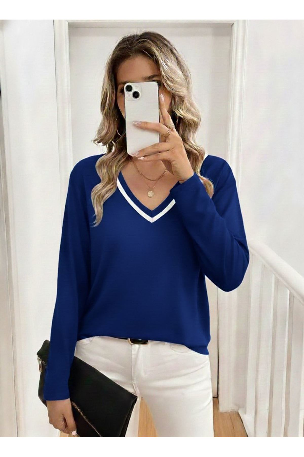 Kadın Uzun Kollu V Yakalı Viskon Iki Iplik Bluz