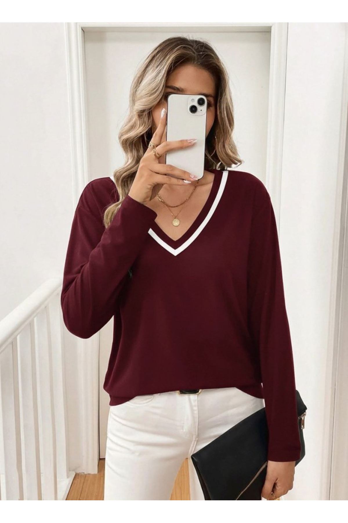 Kadın Uzun Kollu V Yakalı Viskon Iki Iplik Bluz
