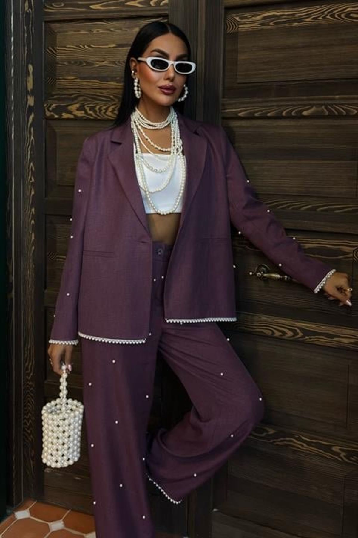 İnci Detaylı Ceket Pantolon Keten Takım 10124