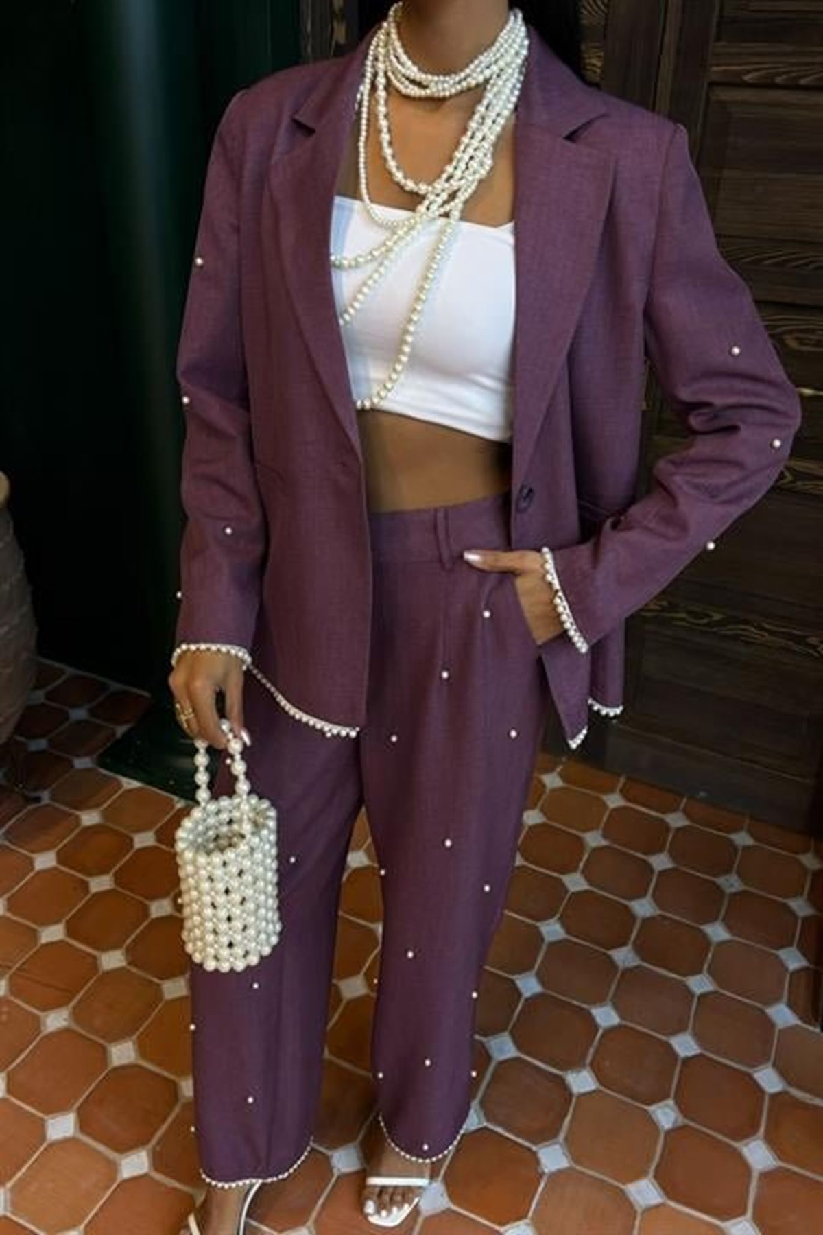 İnci Detaylı Ceket Pantolon Keten Takım 10124