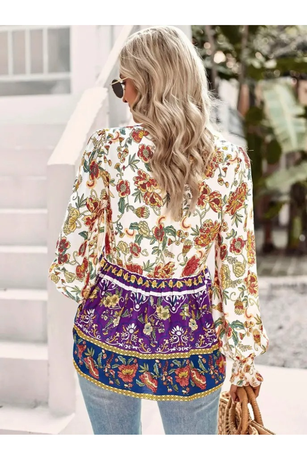 Kadın Uzun Kollu Yakası Açık Bağcıklı çiçek Desenli Salaş Bluz